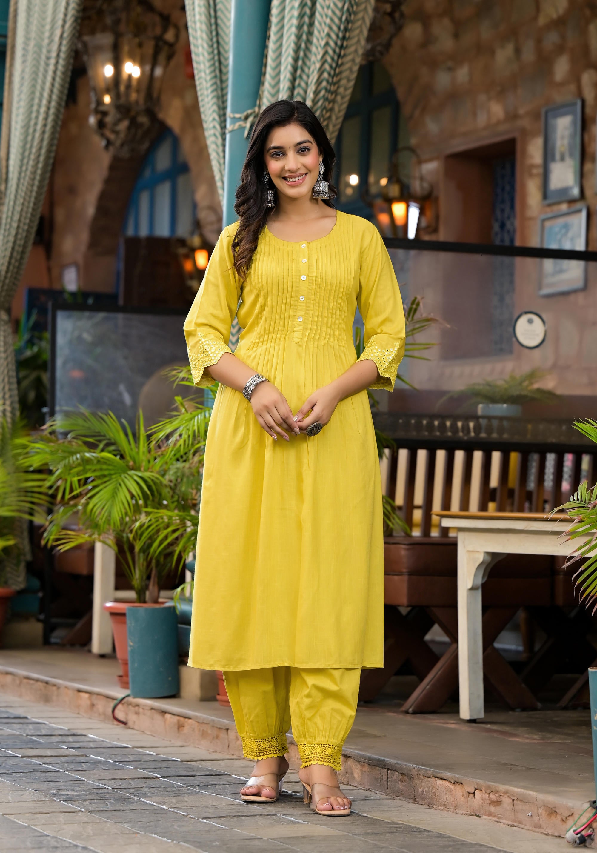 Yellow Mirror Embroidered Liva Rayon Kurta Pant And Dupatta Set With Lace & Button Detail