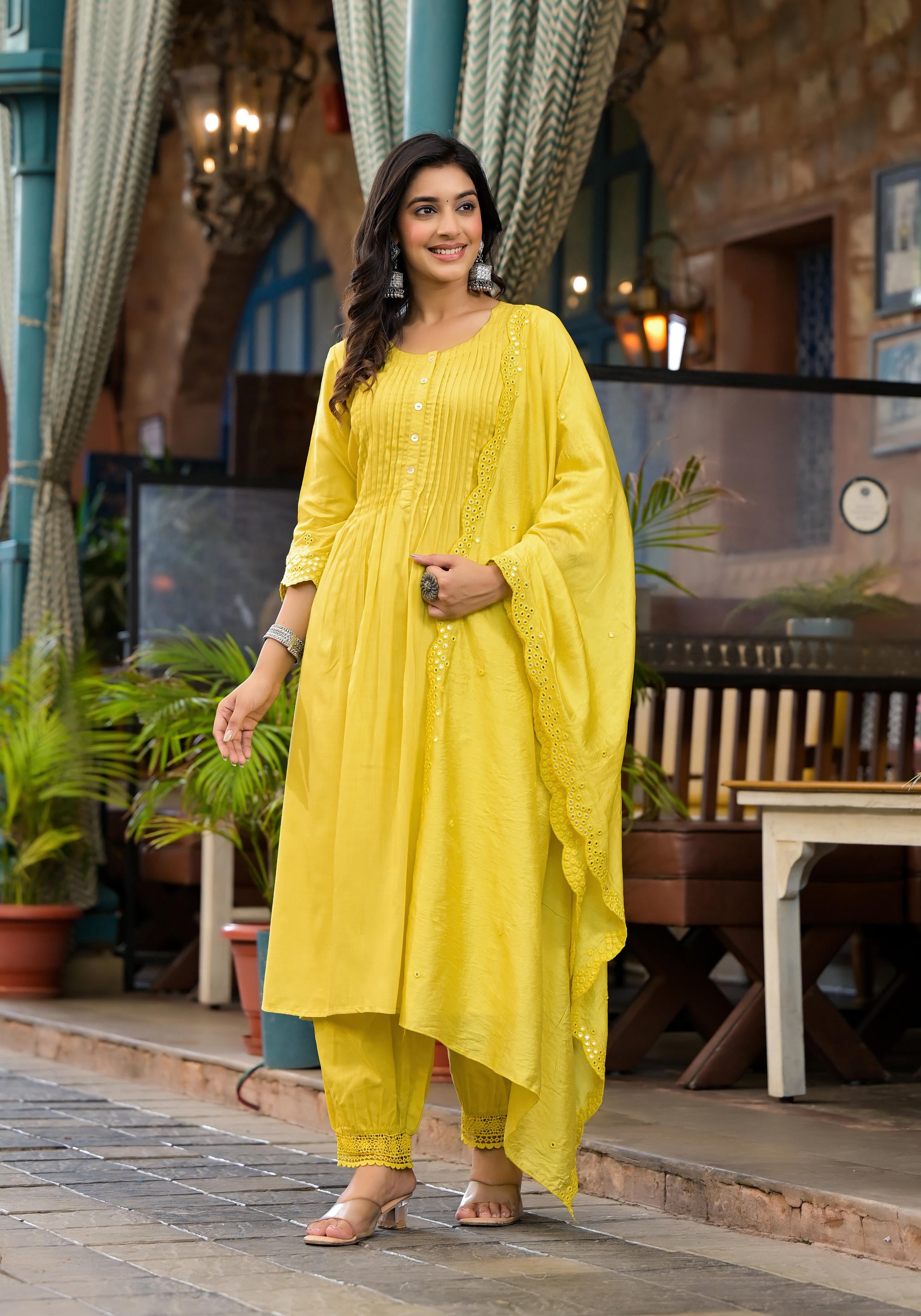 Yellow Mirror Embroidered Liva Rayon Kurta Pant And Dupatta Set With Lace & Button Detail