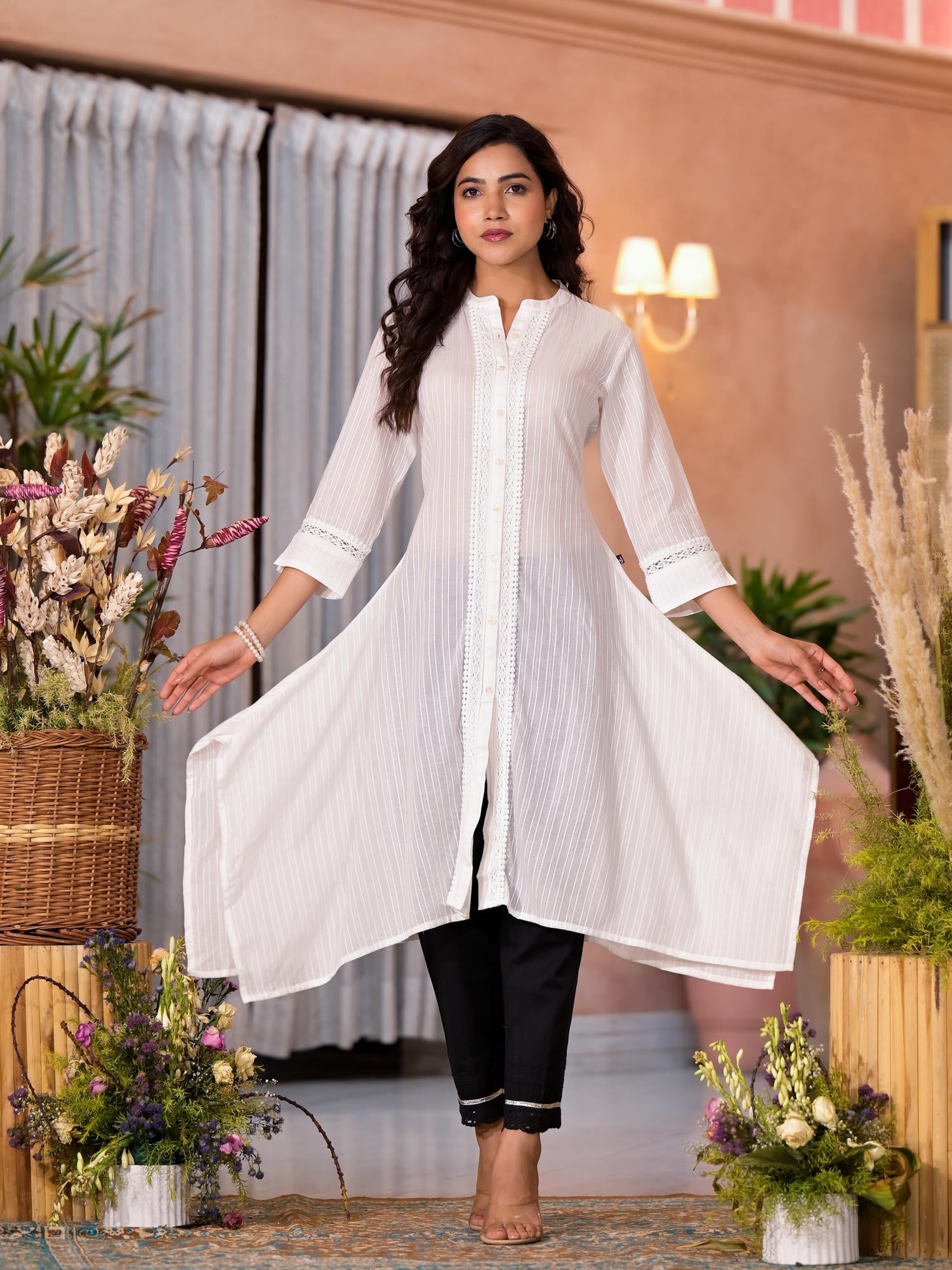 Off White Thread Embroidered Cotton Asymmetrical Kurta With Button Closure