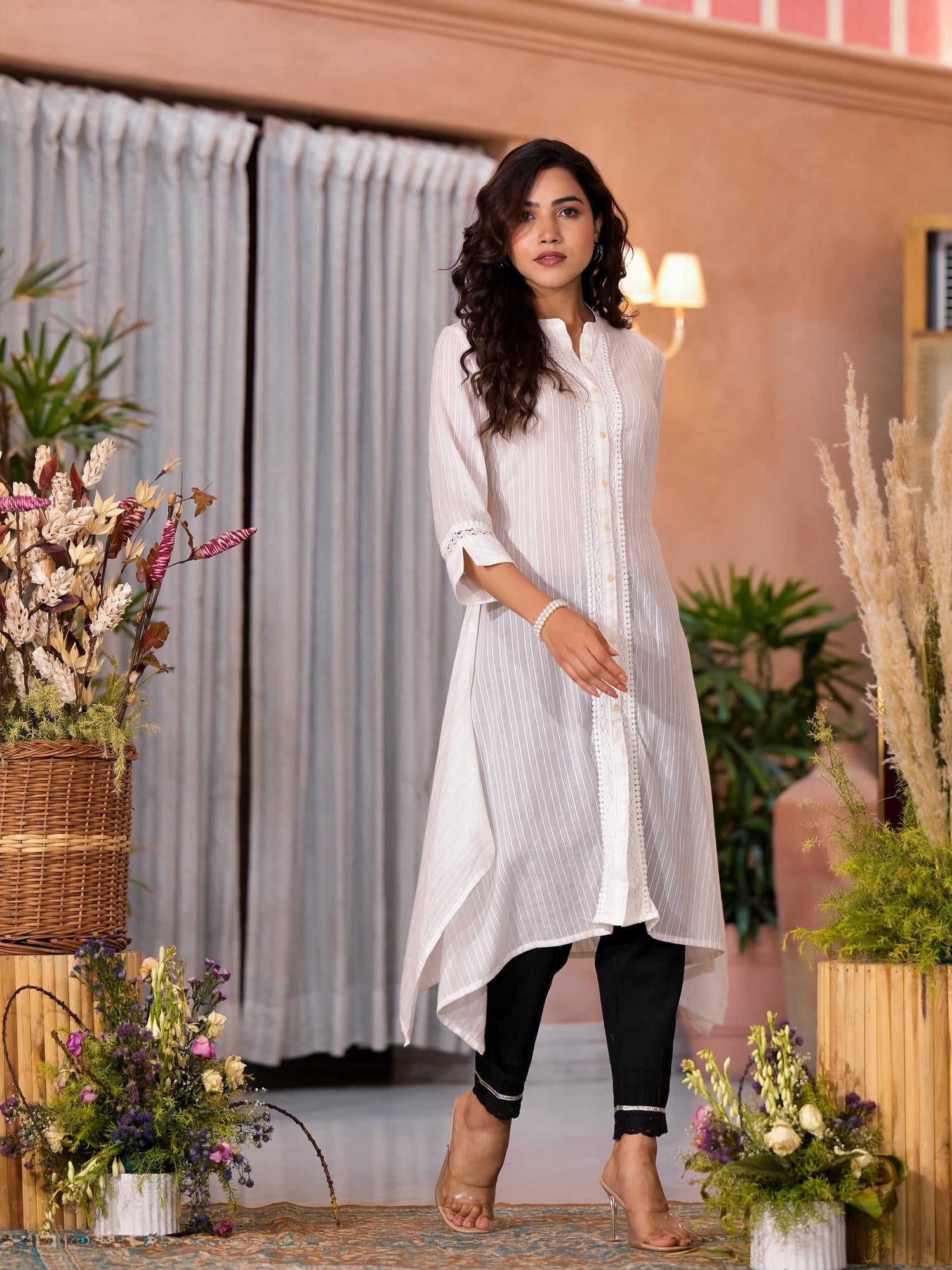 Off White Thread Embroidered Cotton Asymmetrical Kurta With Button Closure