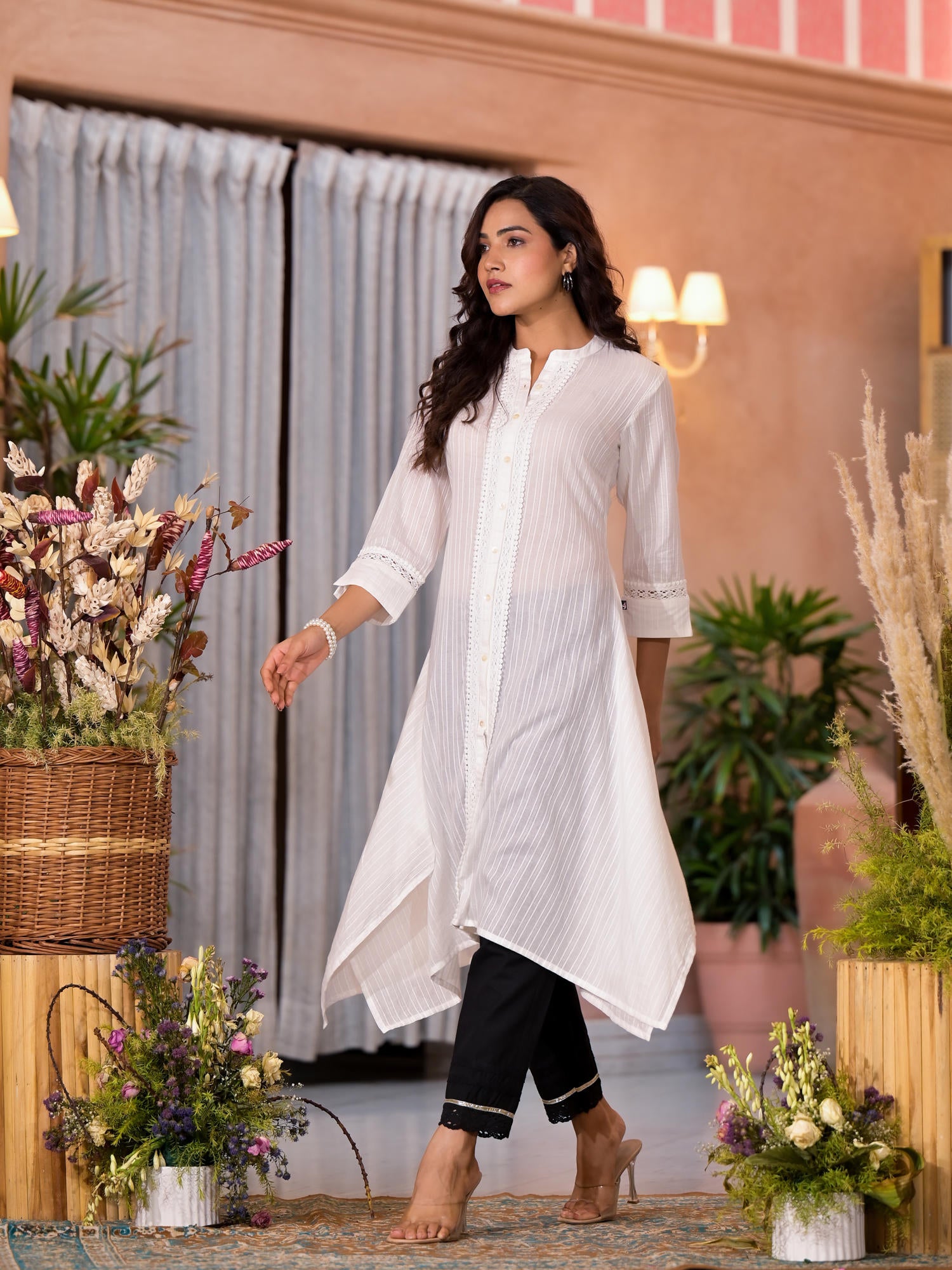 Off White Thread Embroidered Cotton Asymmetrical Kurta With Button Closure