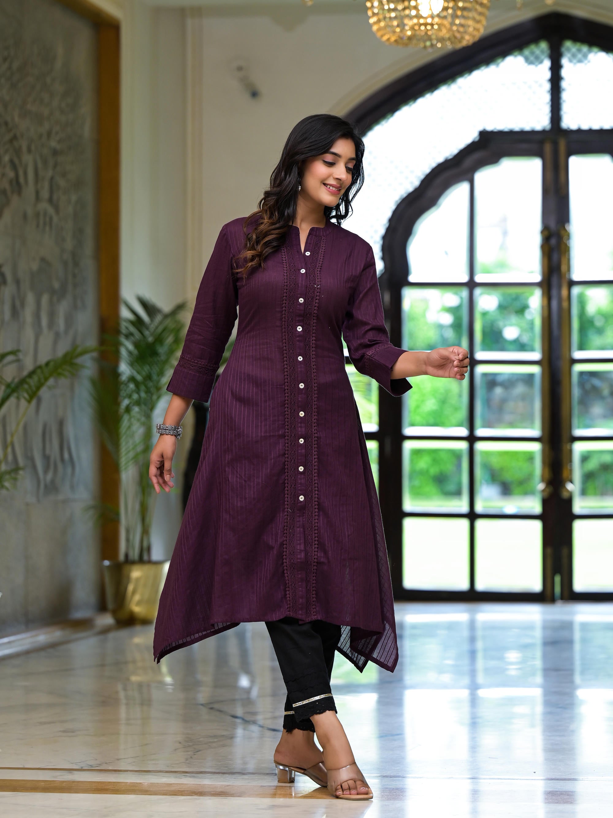 Plum Thread Embroidered Cotton Asymmetrical Kurta With Button Closure