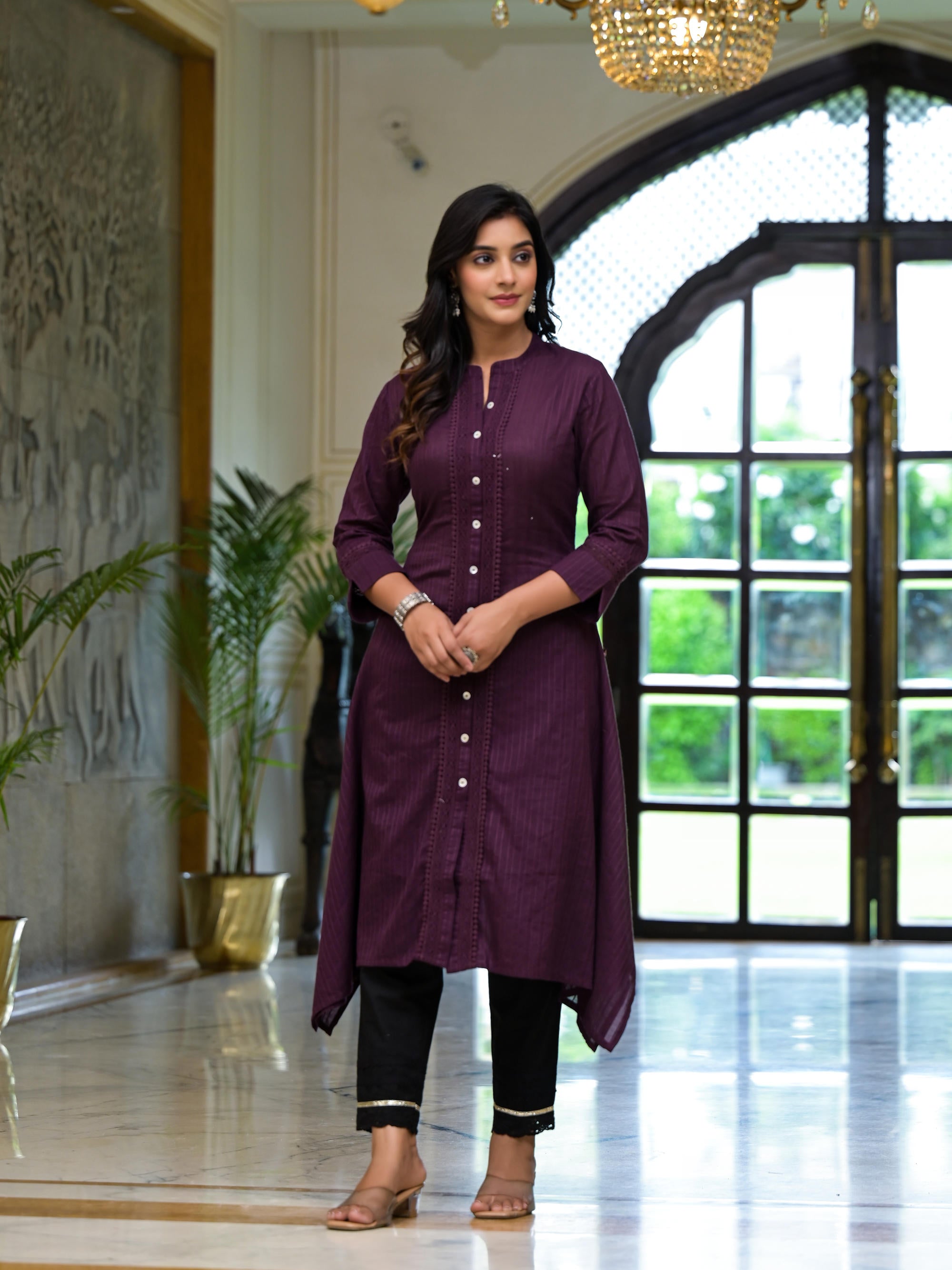 Plum Thread Embroidered Cotton Asymmetrical Kurta With Button Closure