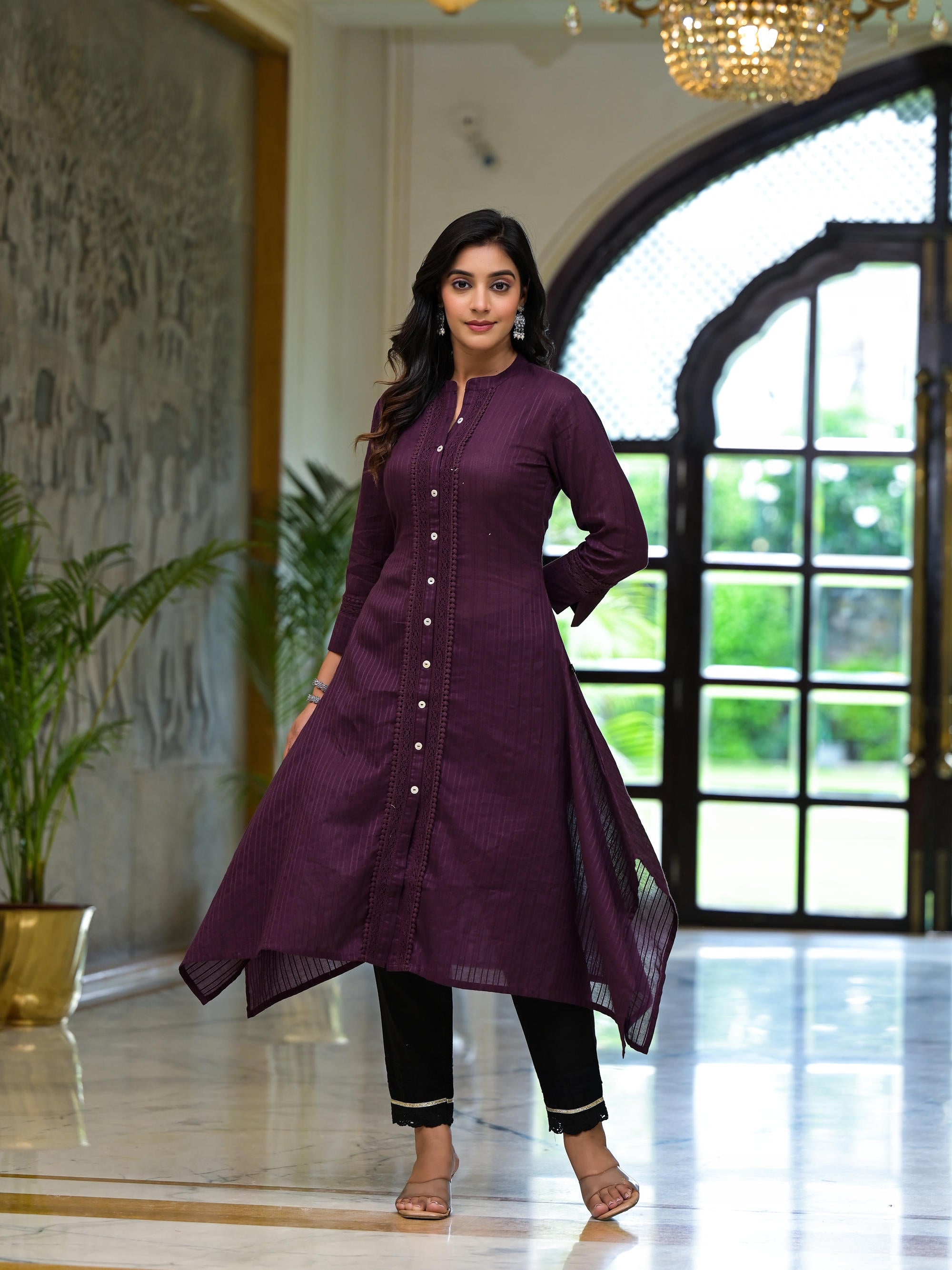 Plum Thread Embroidered Cotton Asymmetrical Kurta With Button Closure