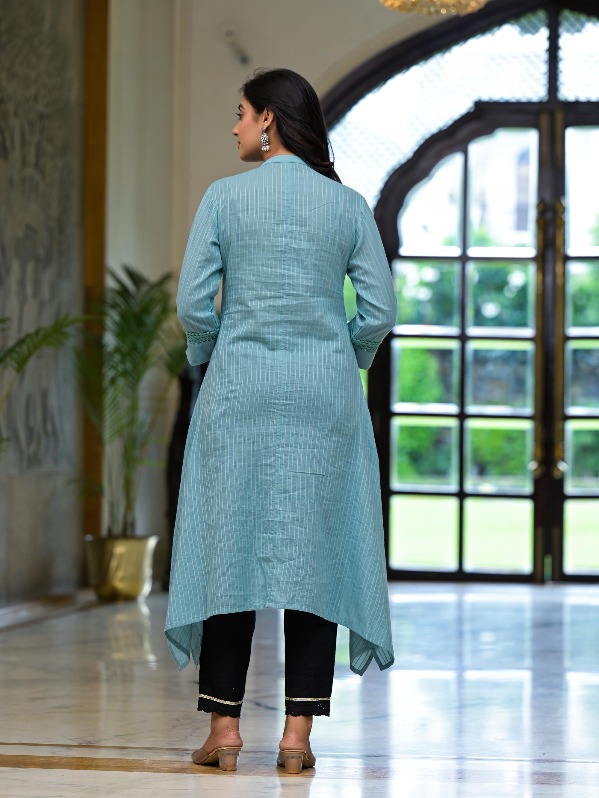 Sky Blue Thread Embroidered Cotton Asymmetrical Kurta With Button Closure