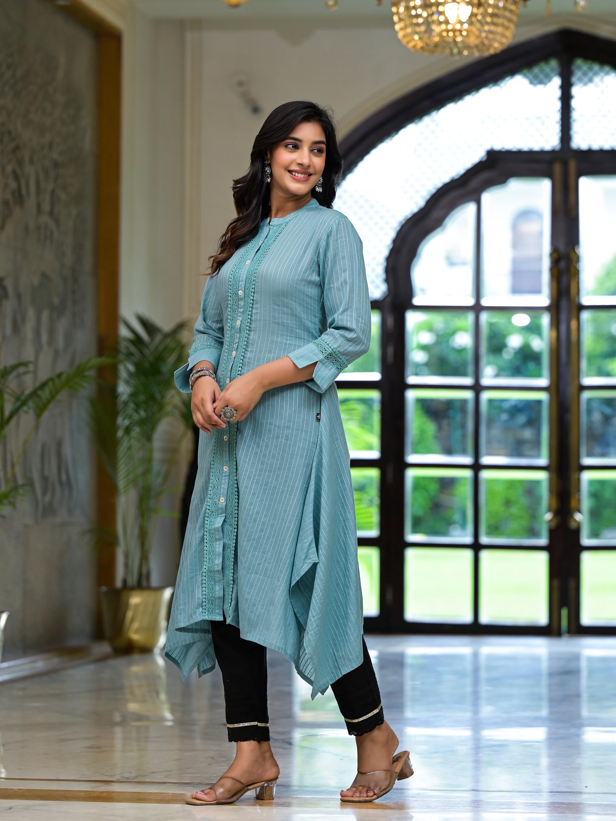 Sky Blue Thread Embroidered Cotton Asymmetrical Kurta With Button Closure