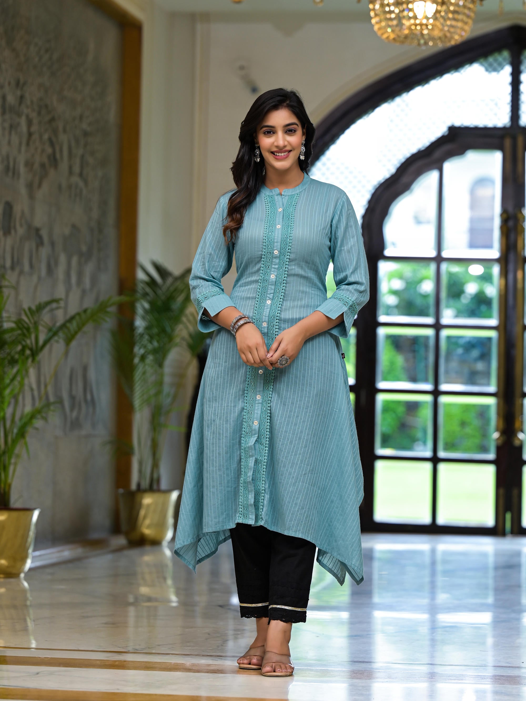 Sky Blue Thread Embroidered Cotton Asymmetrical Kurta With Button Closure