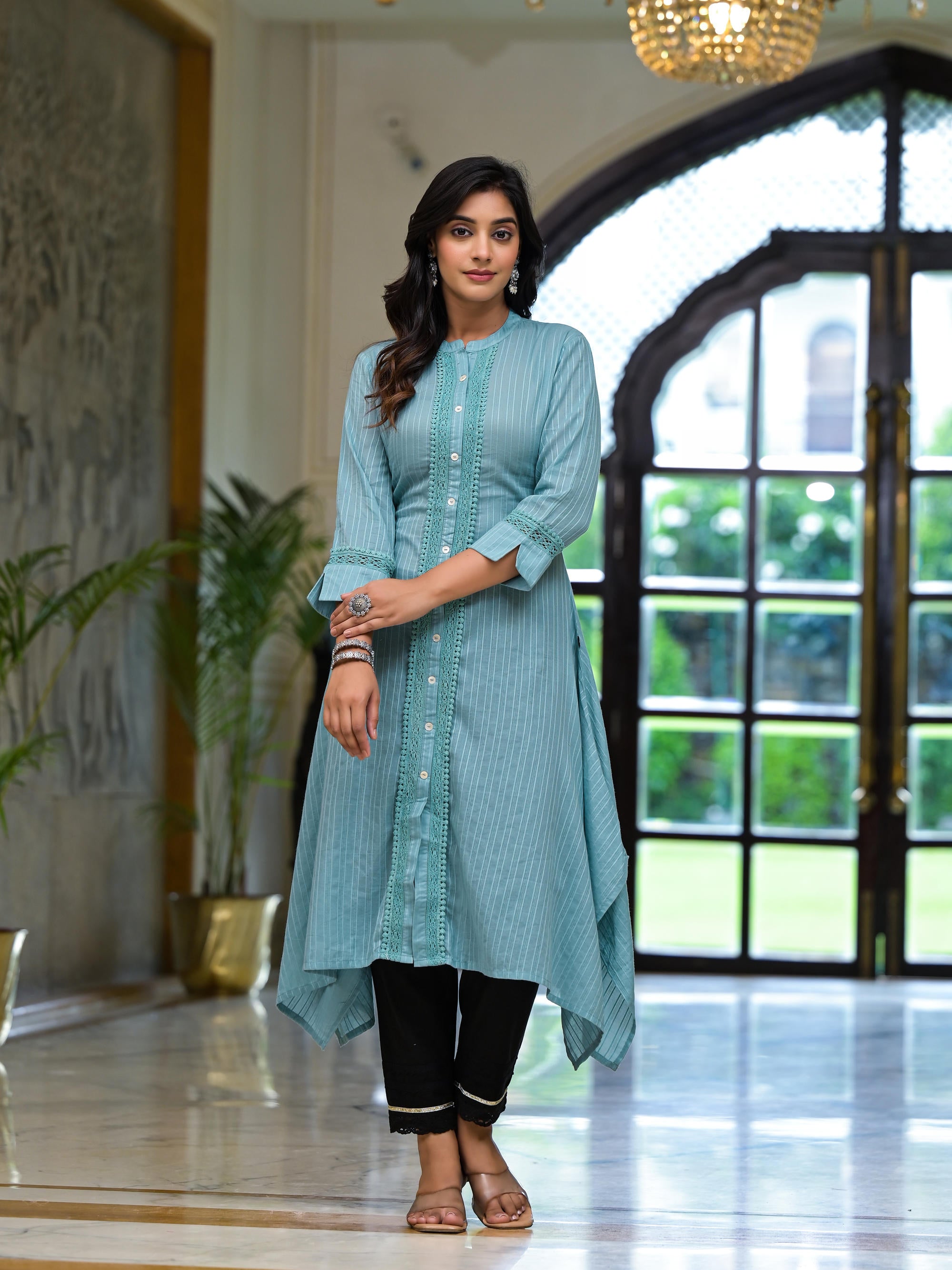 Sky Blue Thread Embroidered Cotton Asymmetrical Kurta With Button Closure