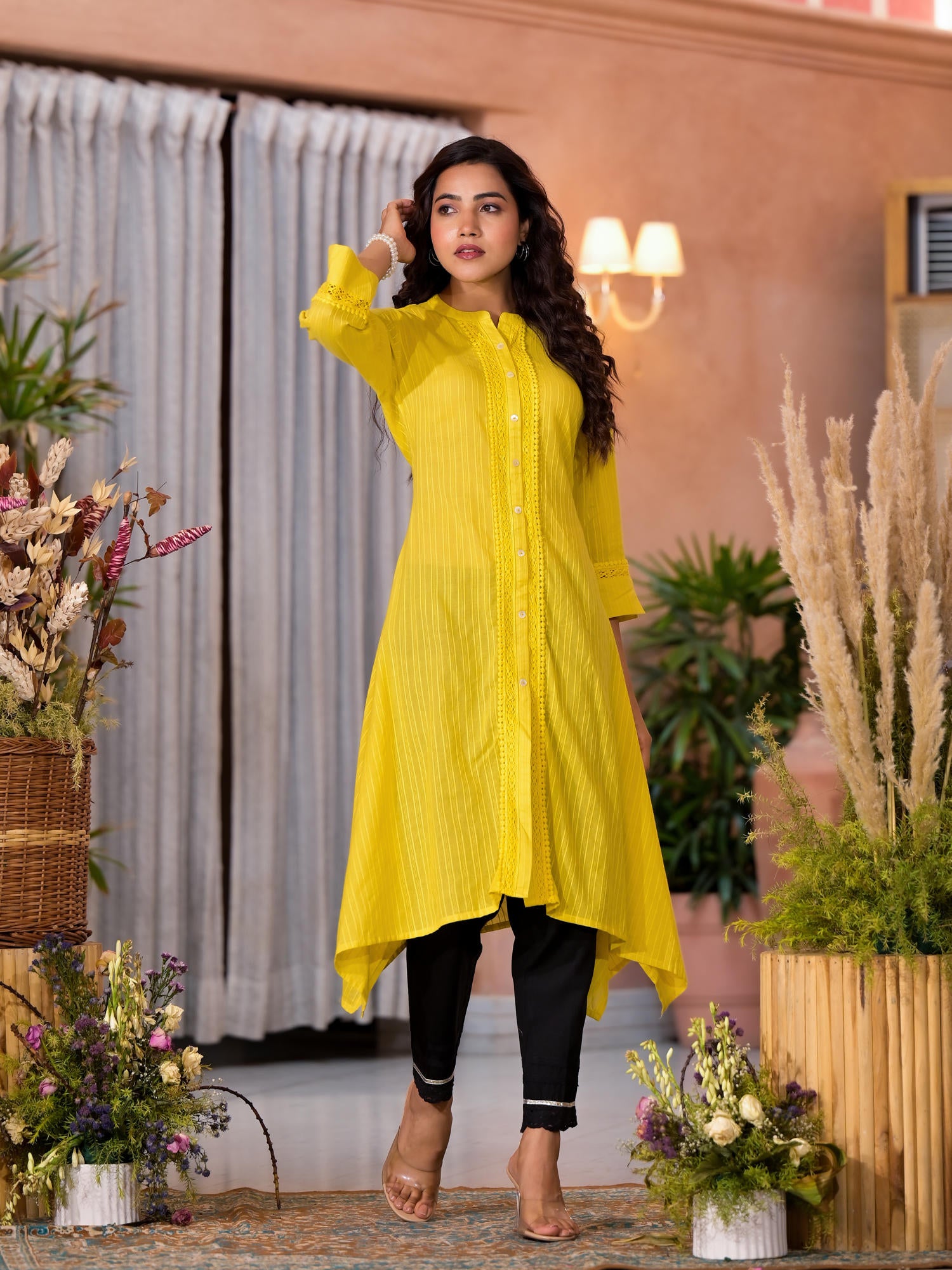 Yellow Thread Embroidered Cotton Asymmetrical Kurta With Button Closure