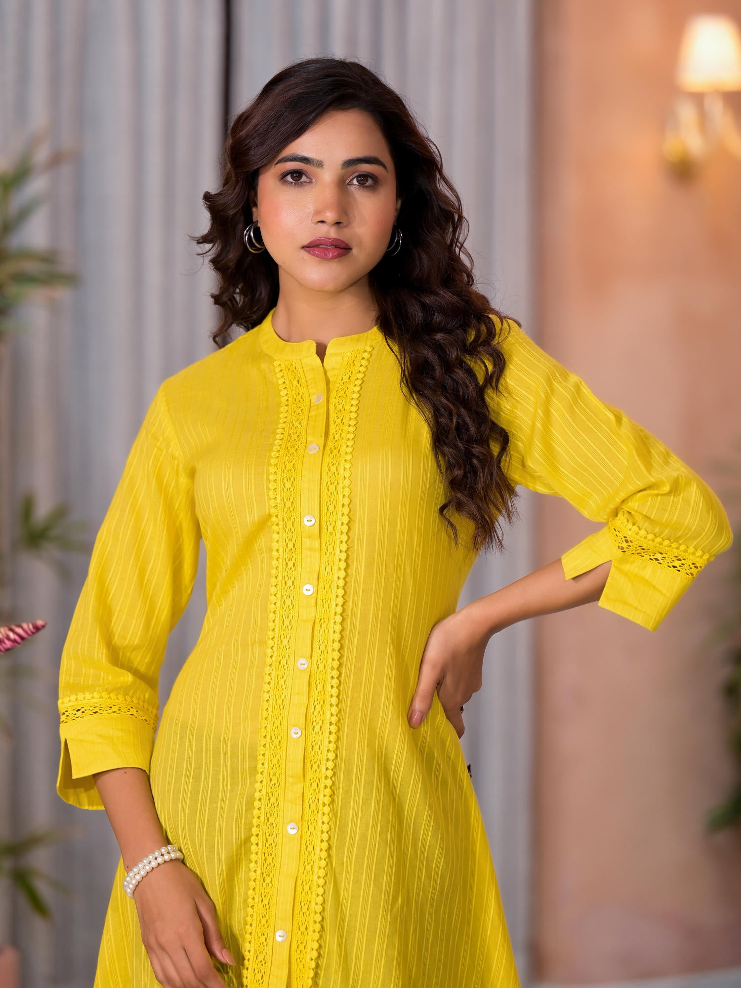 Yellow Thread Embroidered Cotton Asymmetrical Kurta With Button Closure