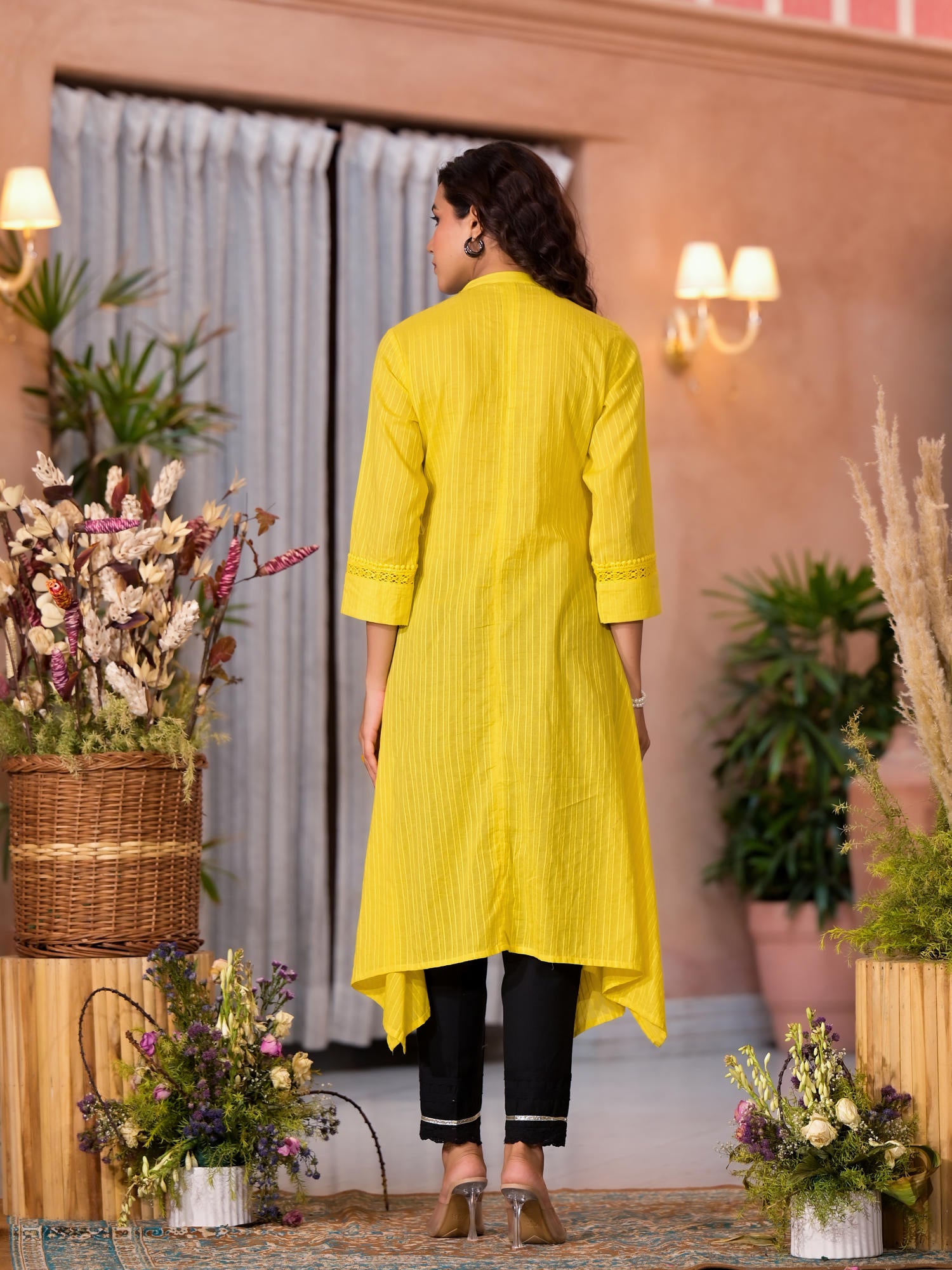 Yellow Thread Embroidered Cotton Asymmetrical Kurta With Button Closure