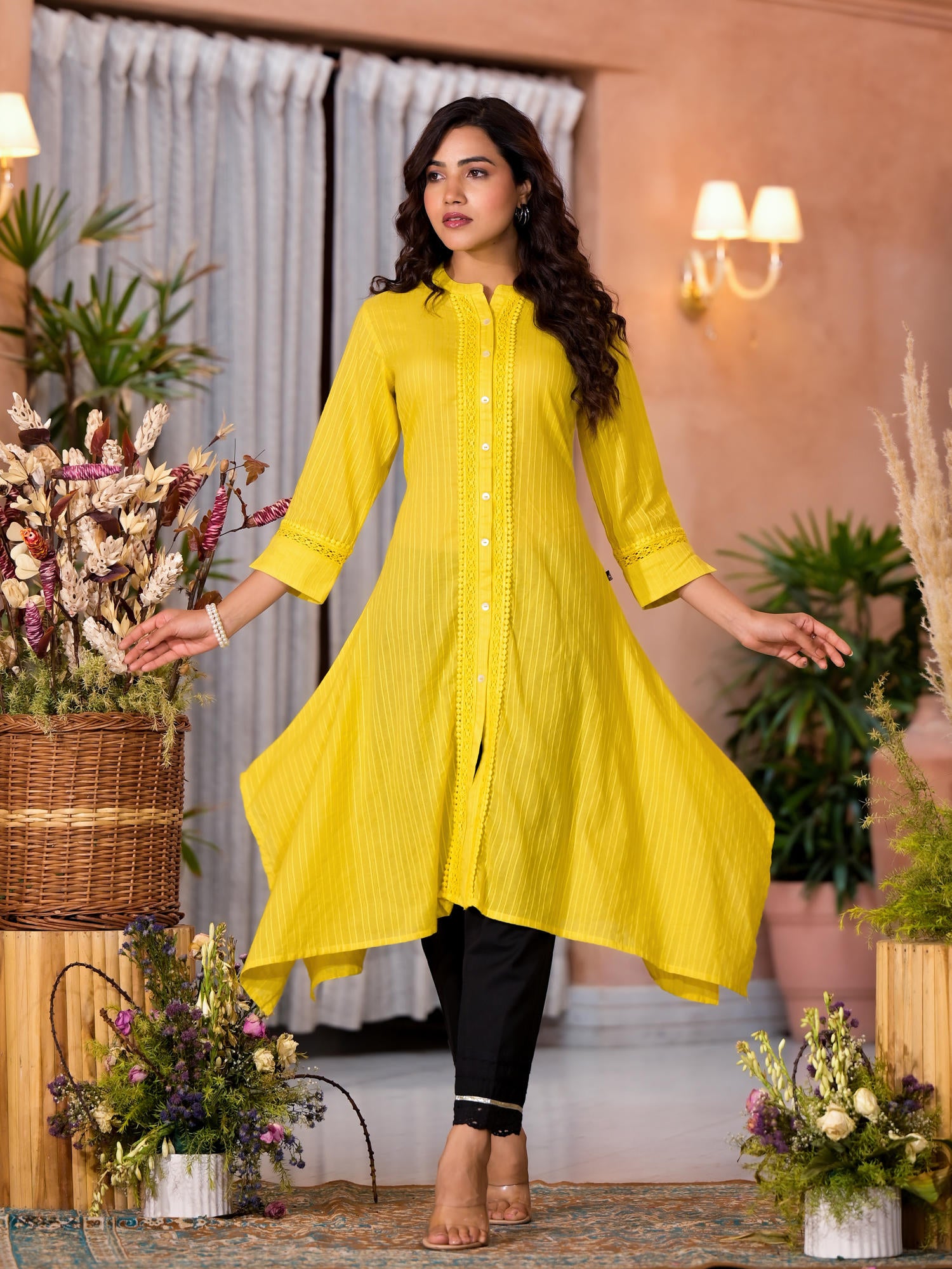 Yellow Thread Embroidered Cotton Asymmetrical Kurta With Button Closure