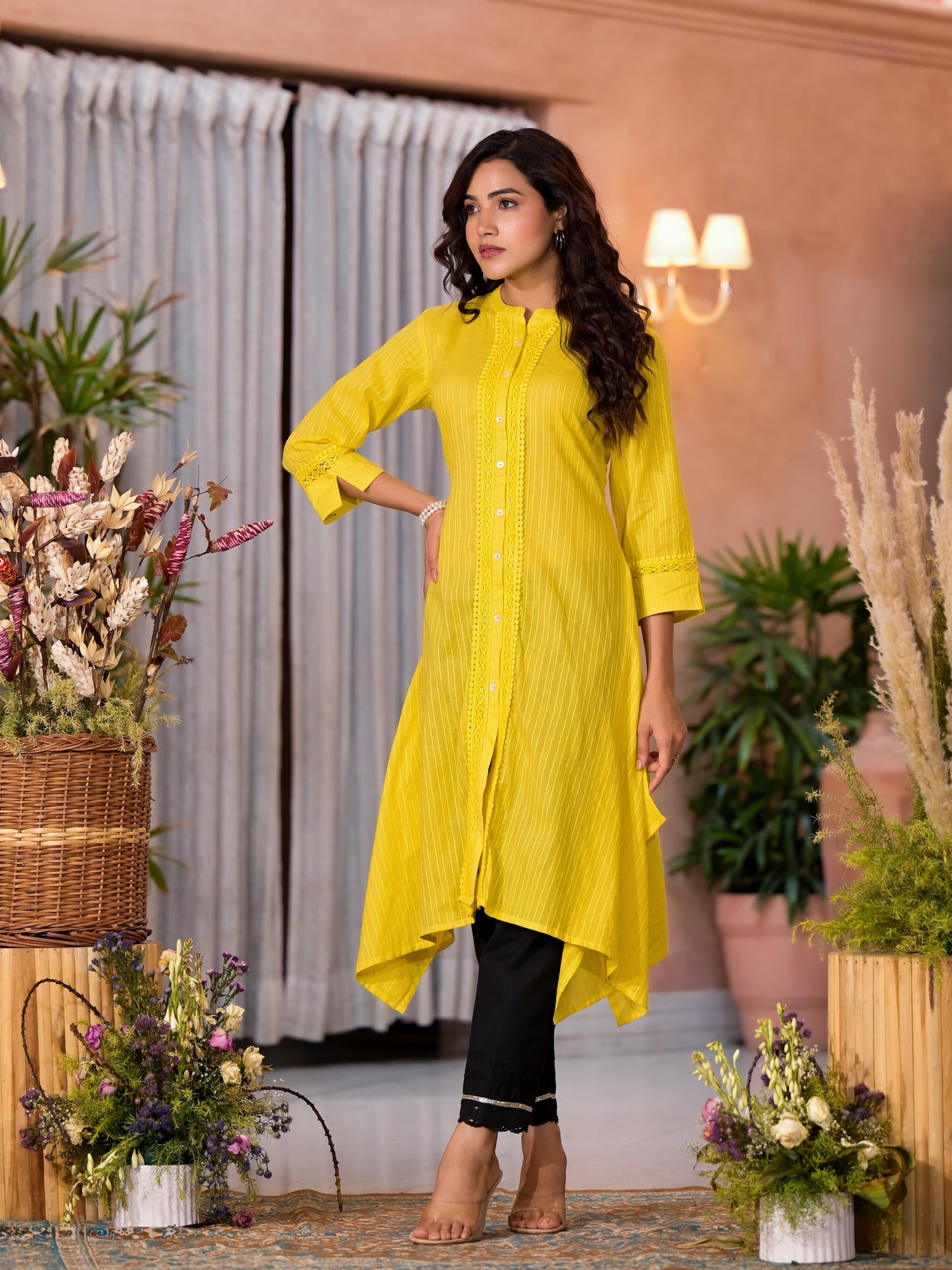 Yellow Thread Embroidered Cotton Asymmetrical Kurta With Button Closure