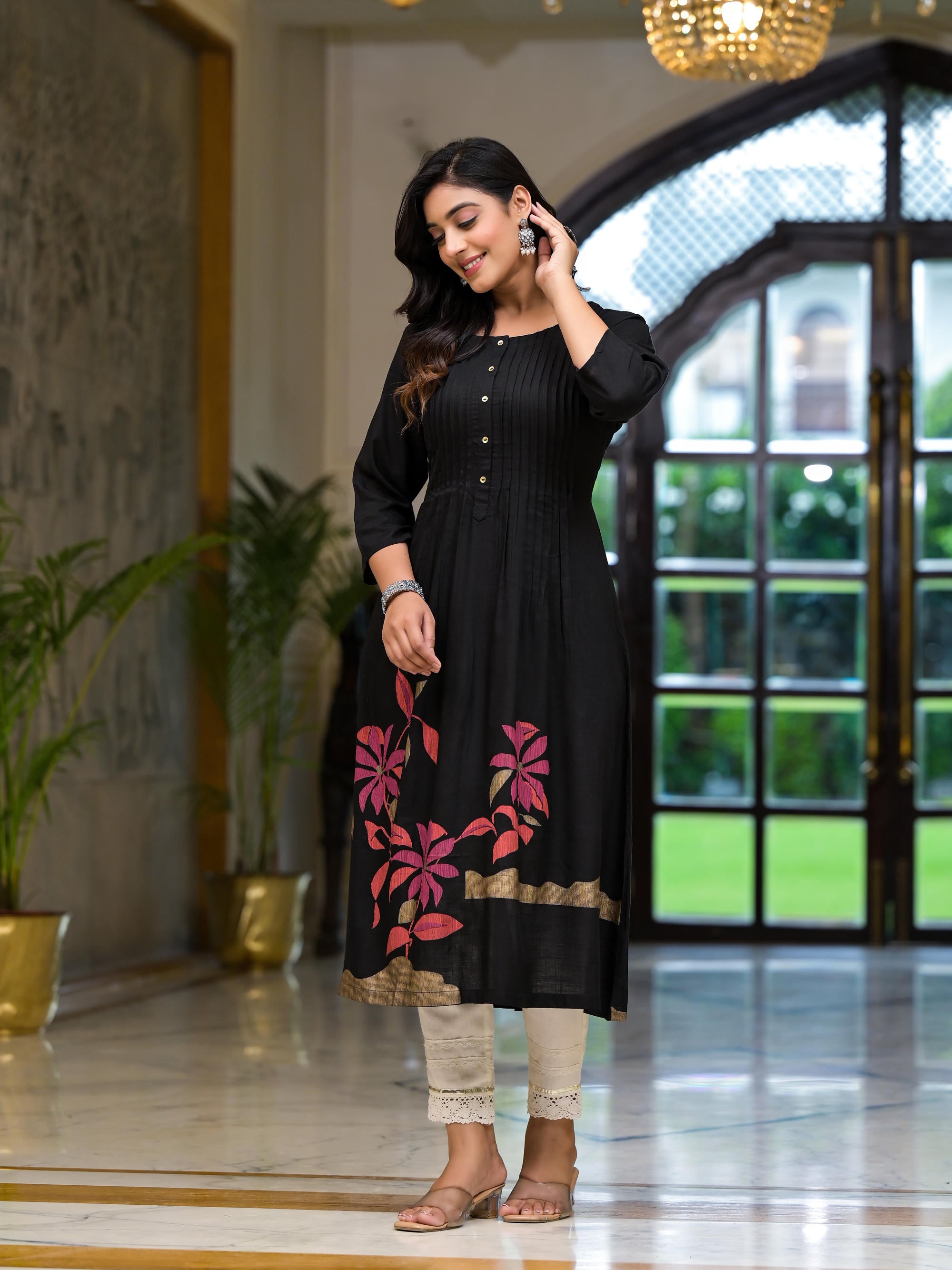 Black Floral Printed Rayon Kurta With Button Closure