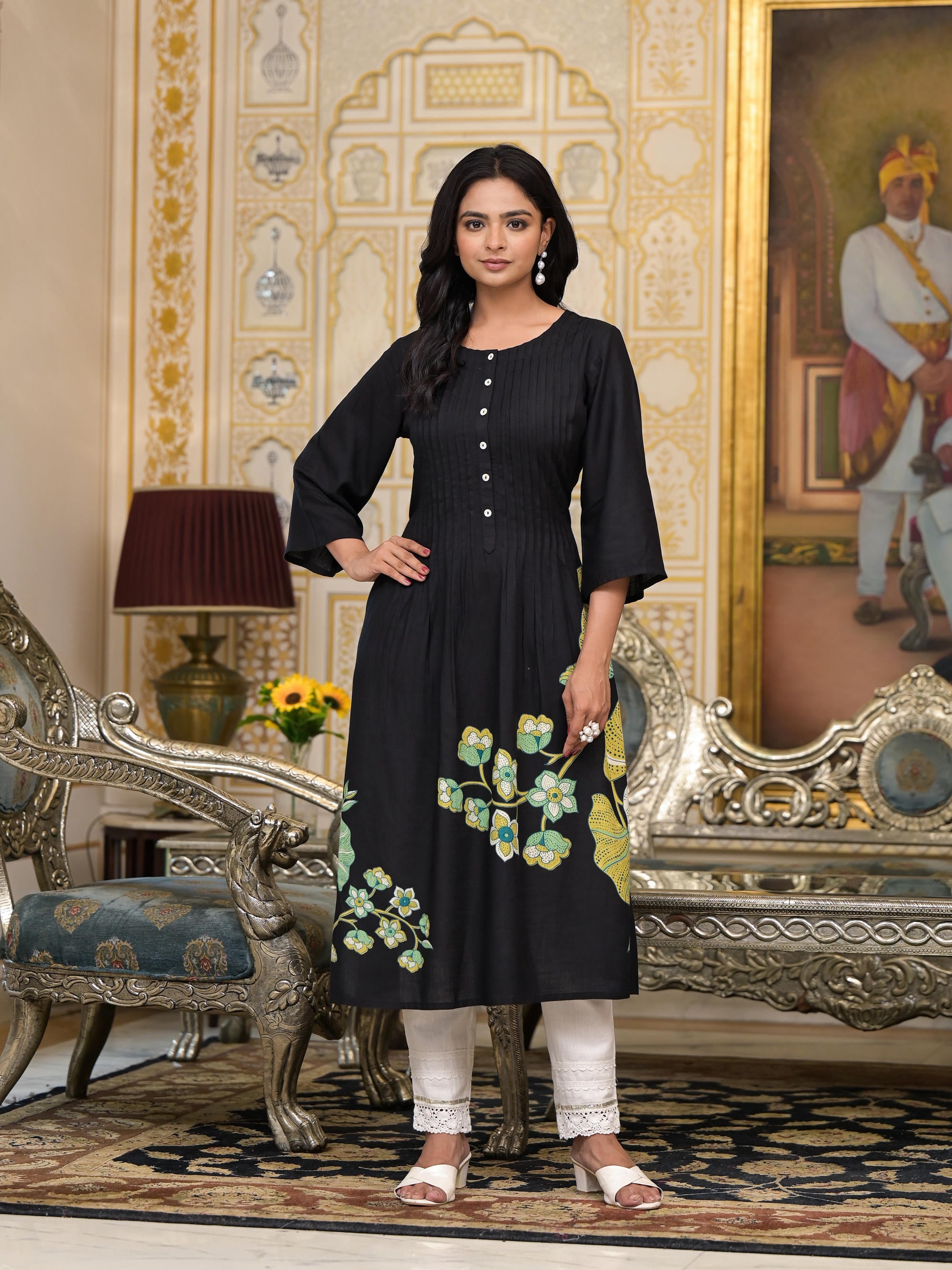 Black Floral Printed Liva Rayon Kurta With Buttons