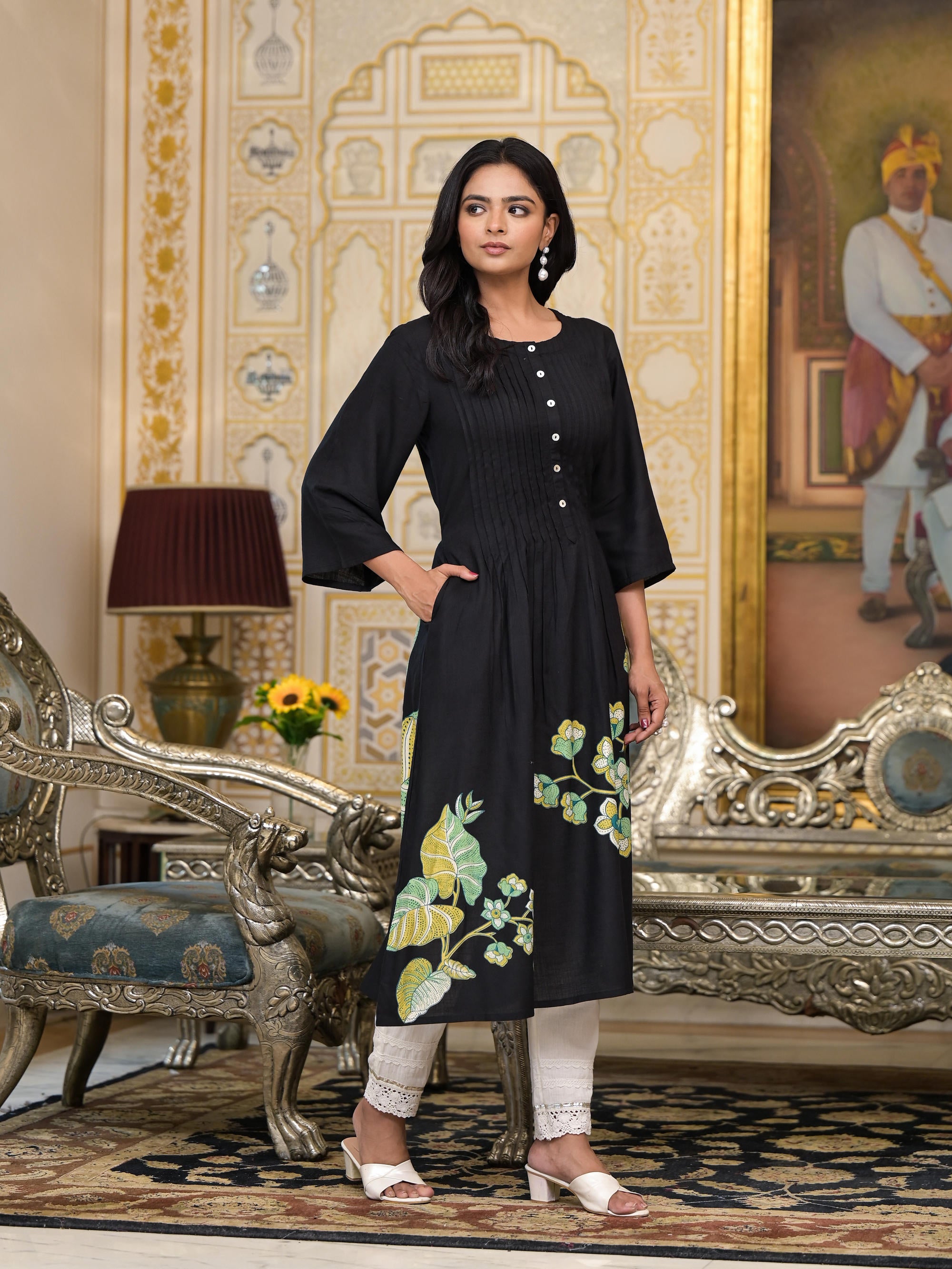 Black Floral Printed Liva Rayon Kurta With Buttons