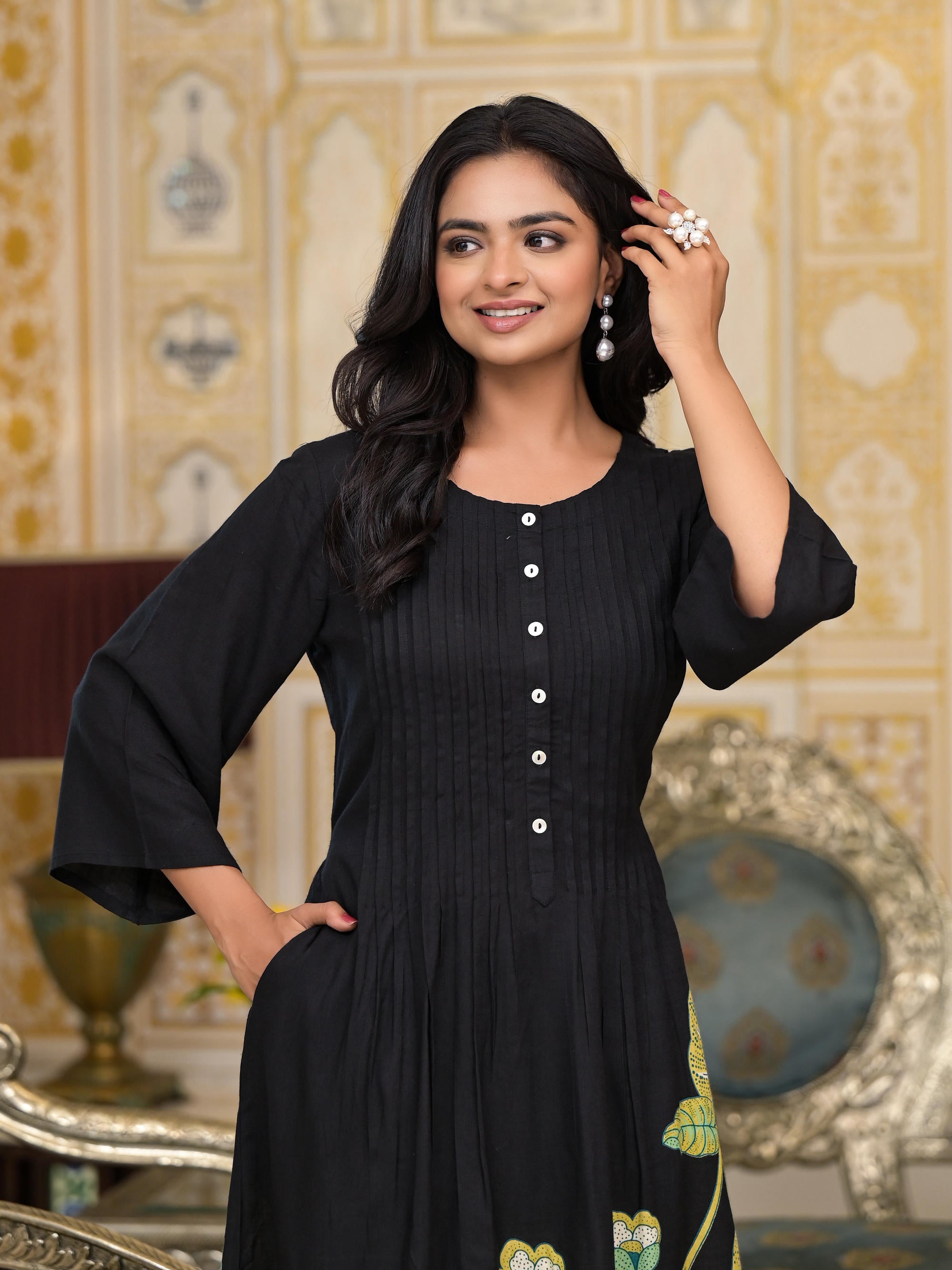 Black Floral Printed Liva Rayon Kurta With Buttons