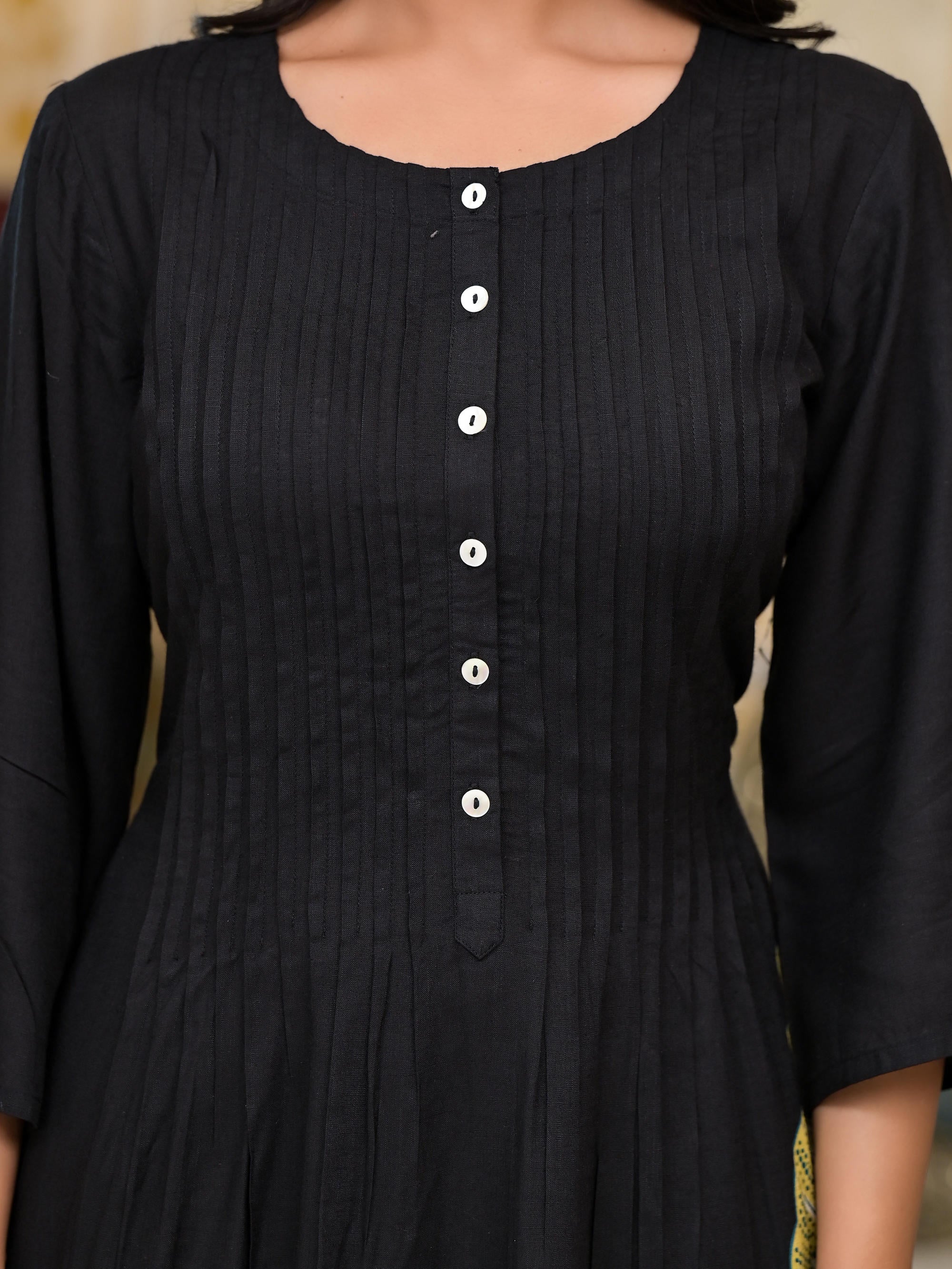 Black Floral Printed Liva Rayon Kurta With Buttons