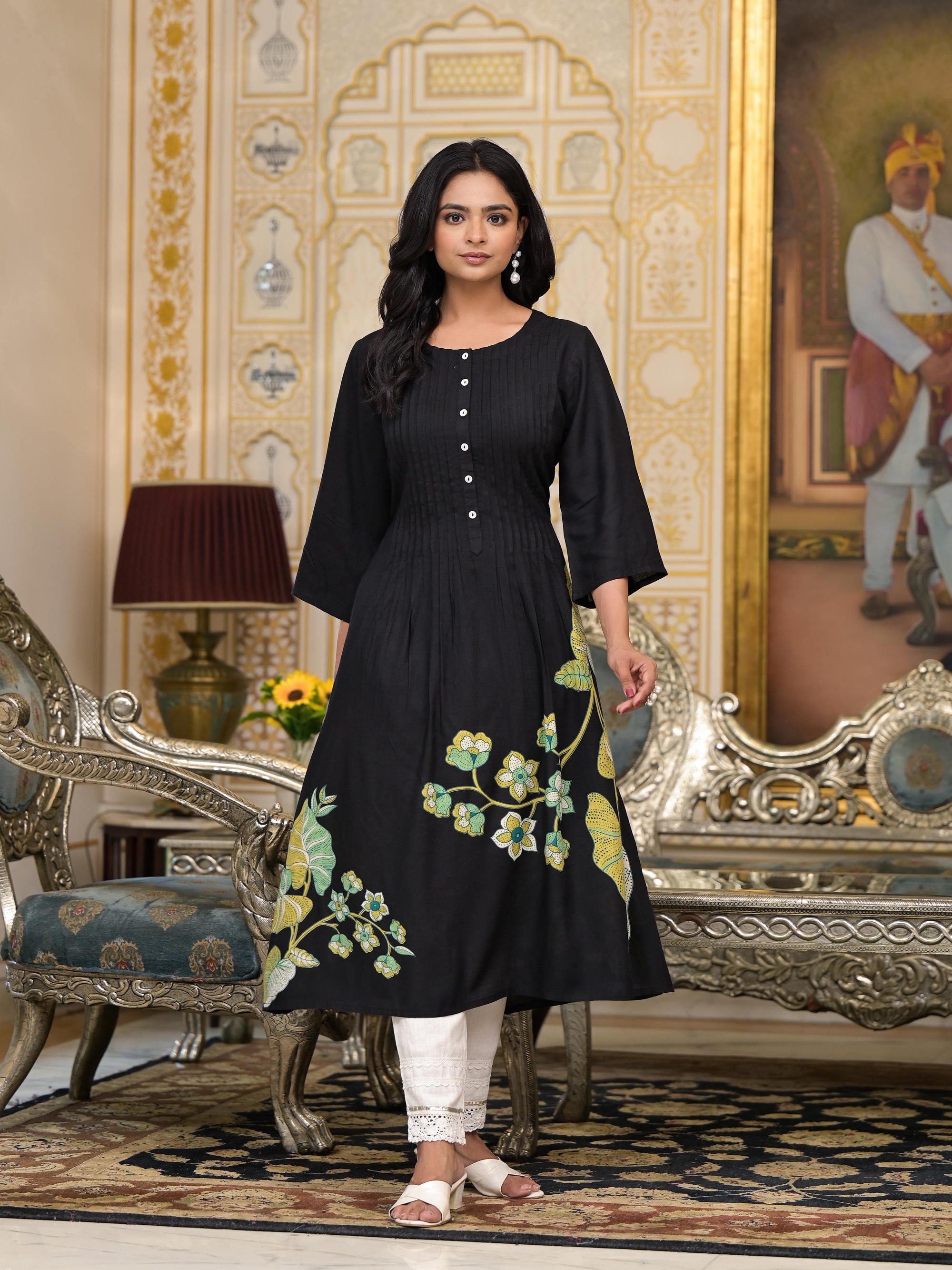 Black Floral Printed Liva Rayon Kurta With Buttons