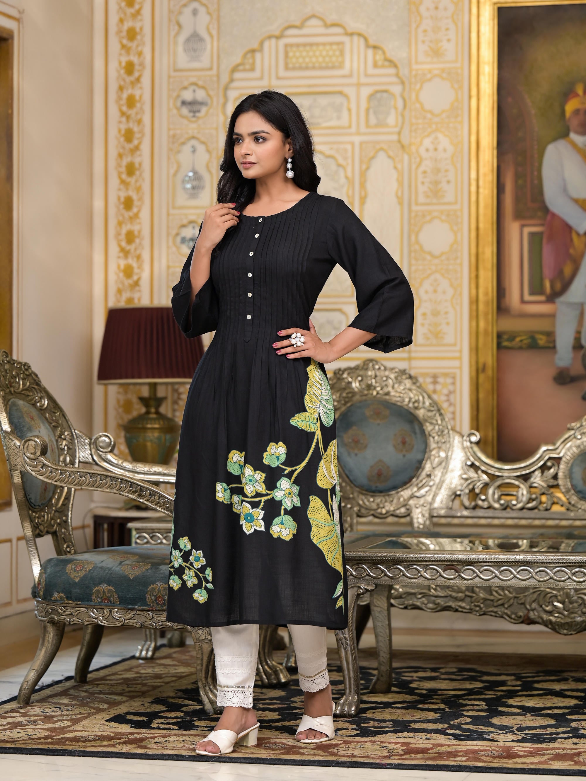 Black Floral Printed Liva Rayon Kurta With Buttons