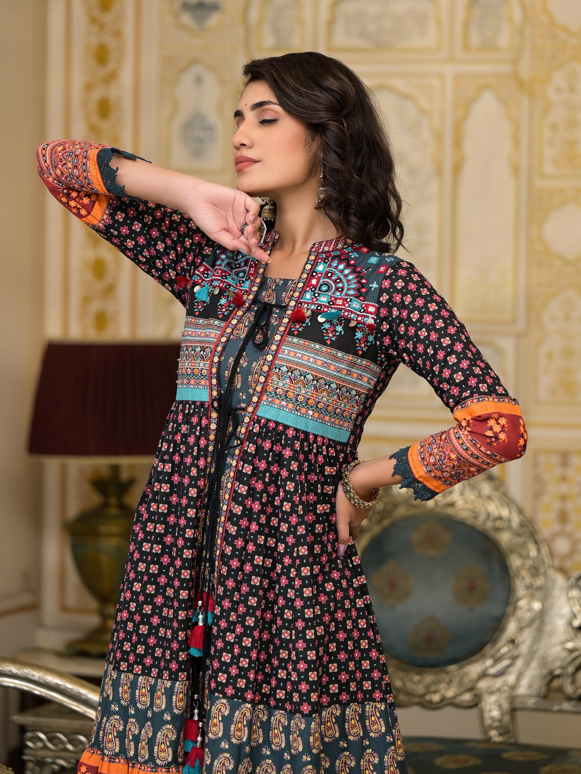 Black Ethnic Motif Printed Cotton Dress With Coins Thread & Mirror Work