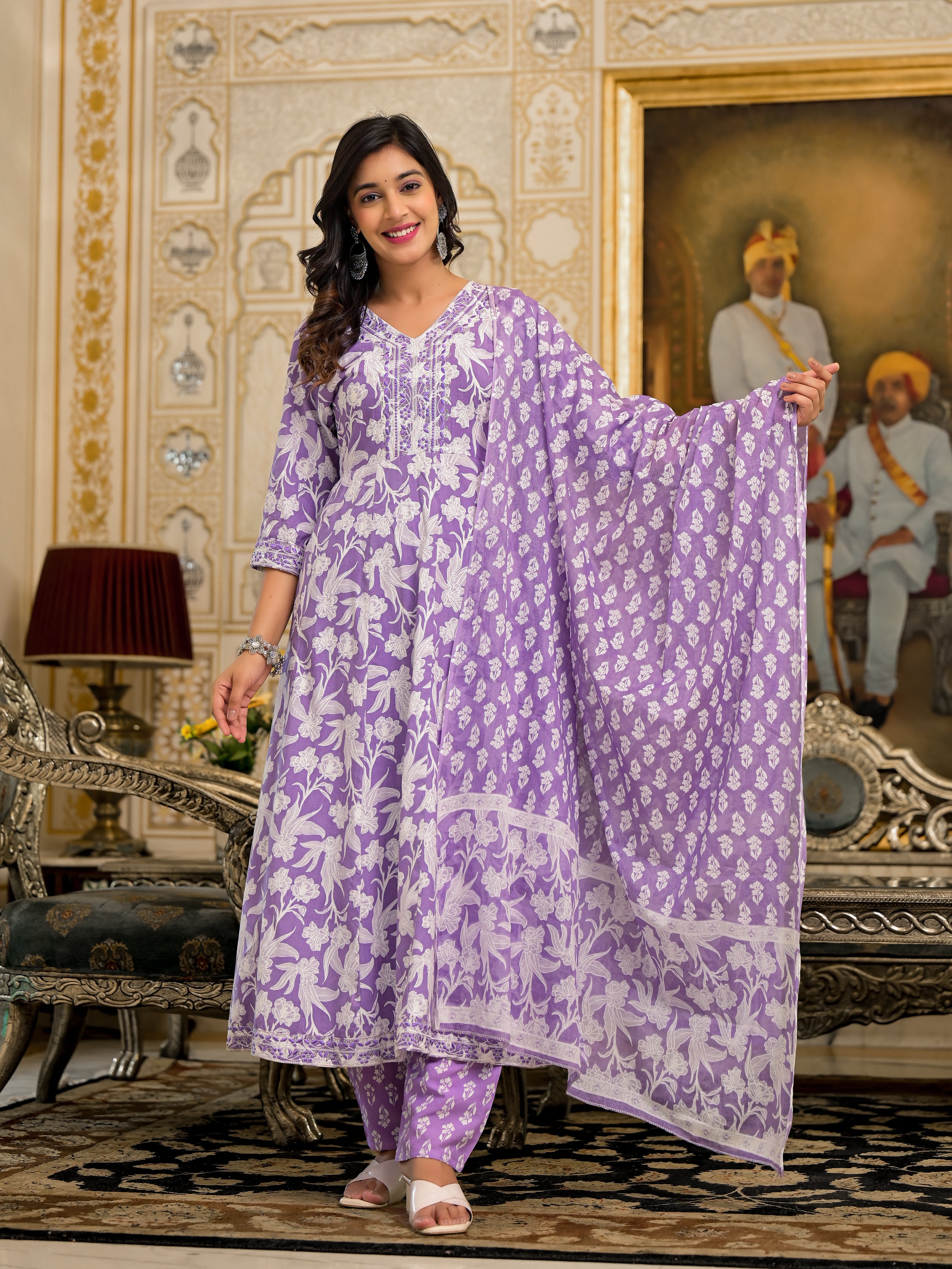 Juniper Lavender Floral Printed Rayon Kurta, Pant And Dupatta Set With Thread & Sequins Work