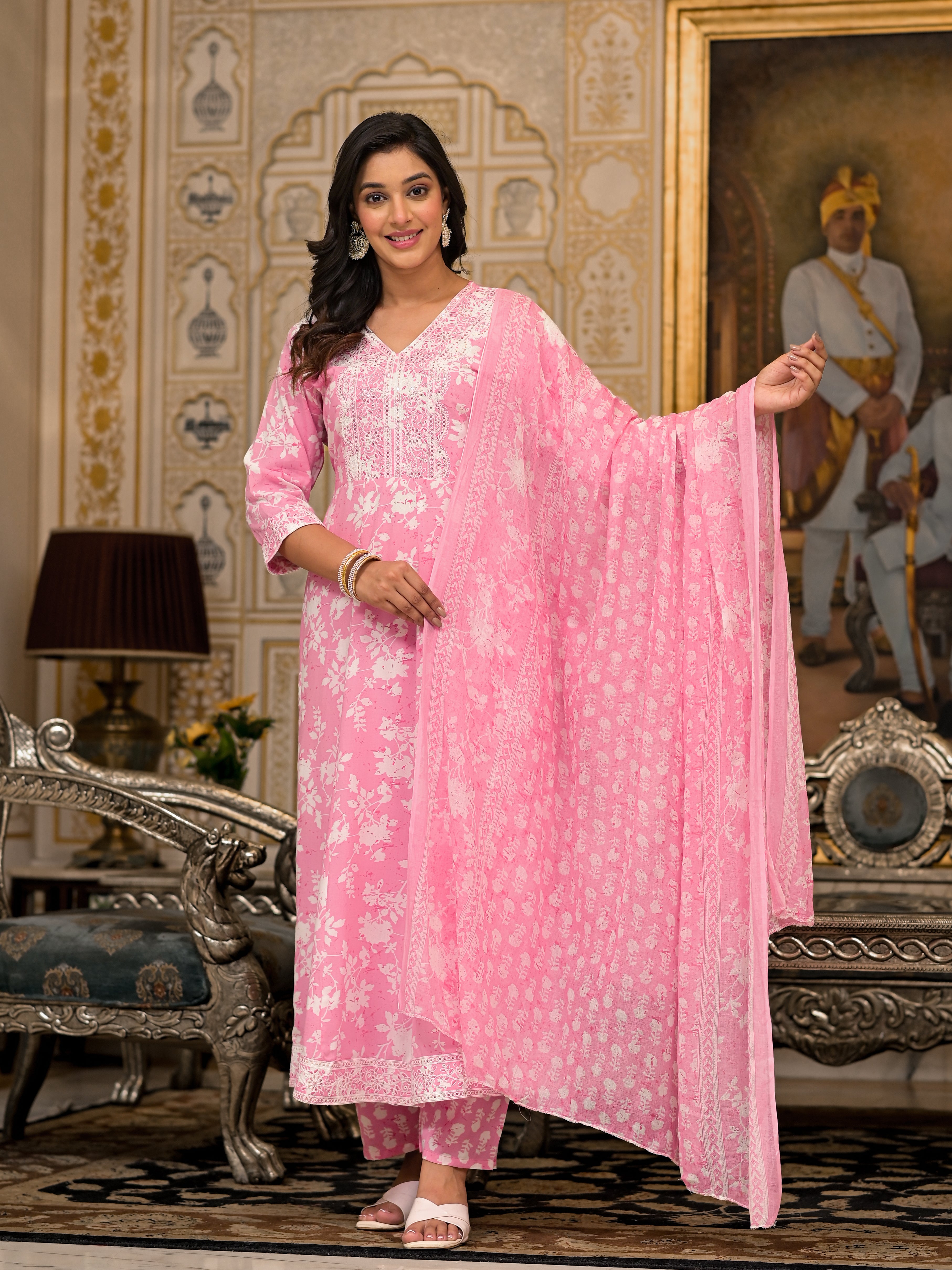 Juniper Pink Floral Printed Rayon Kurta, Pant And Dupatta Set With Thread & Sequins Work