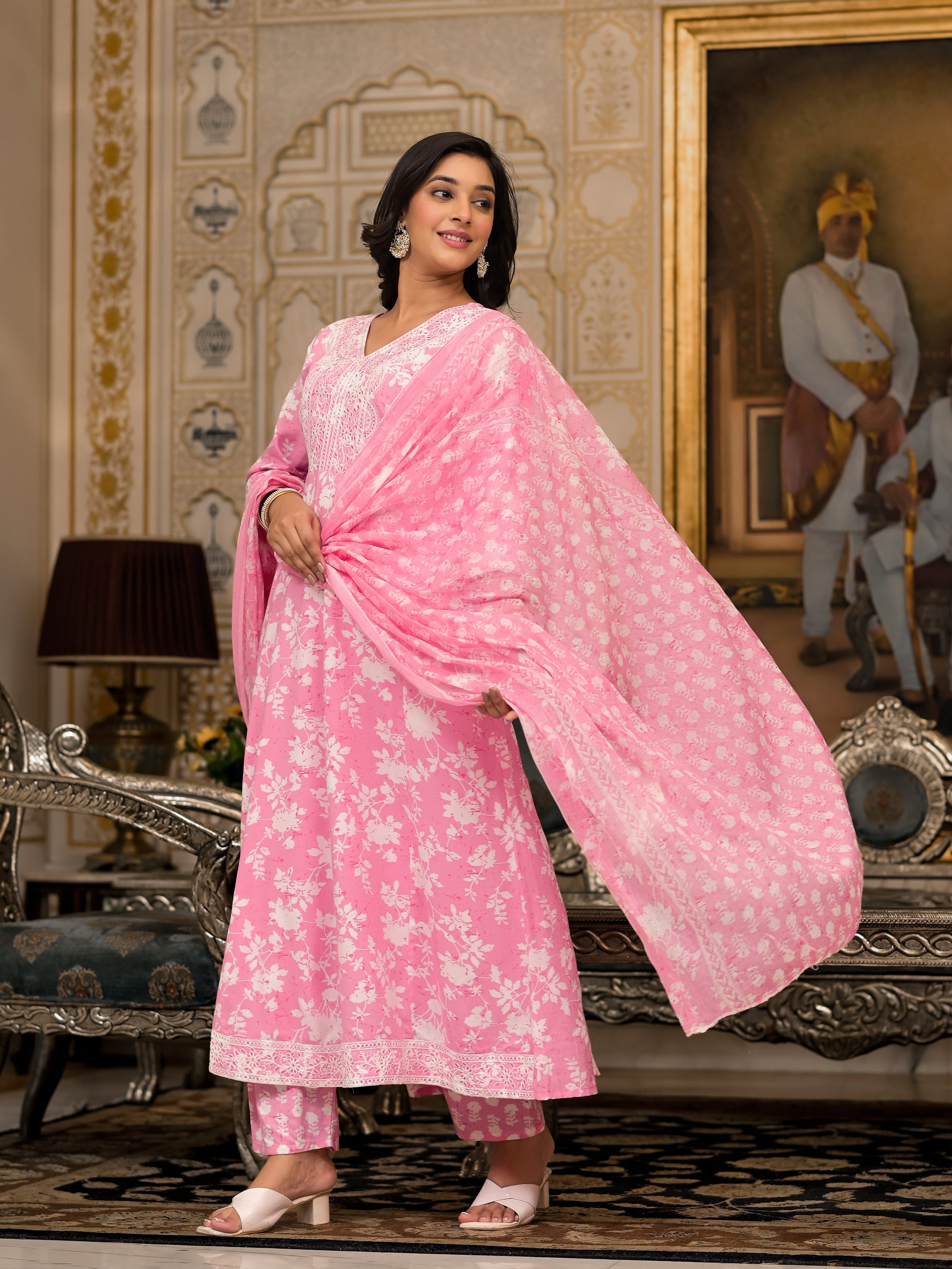 Juniper Pink Floral Printed Rayon Kurta, Pant And Dupatta Set With Thread & Sequins Work