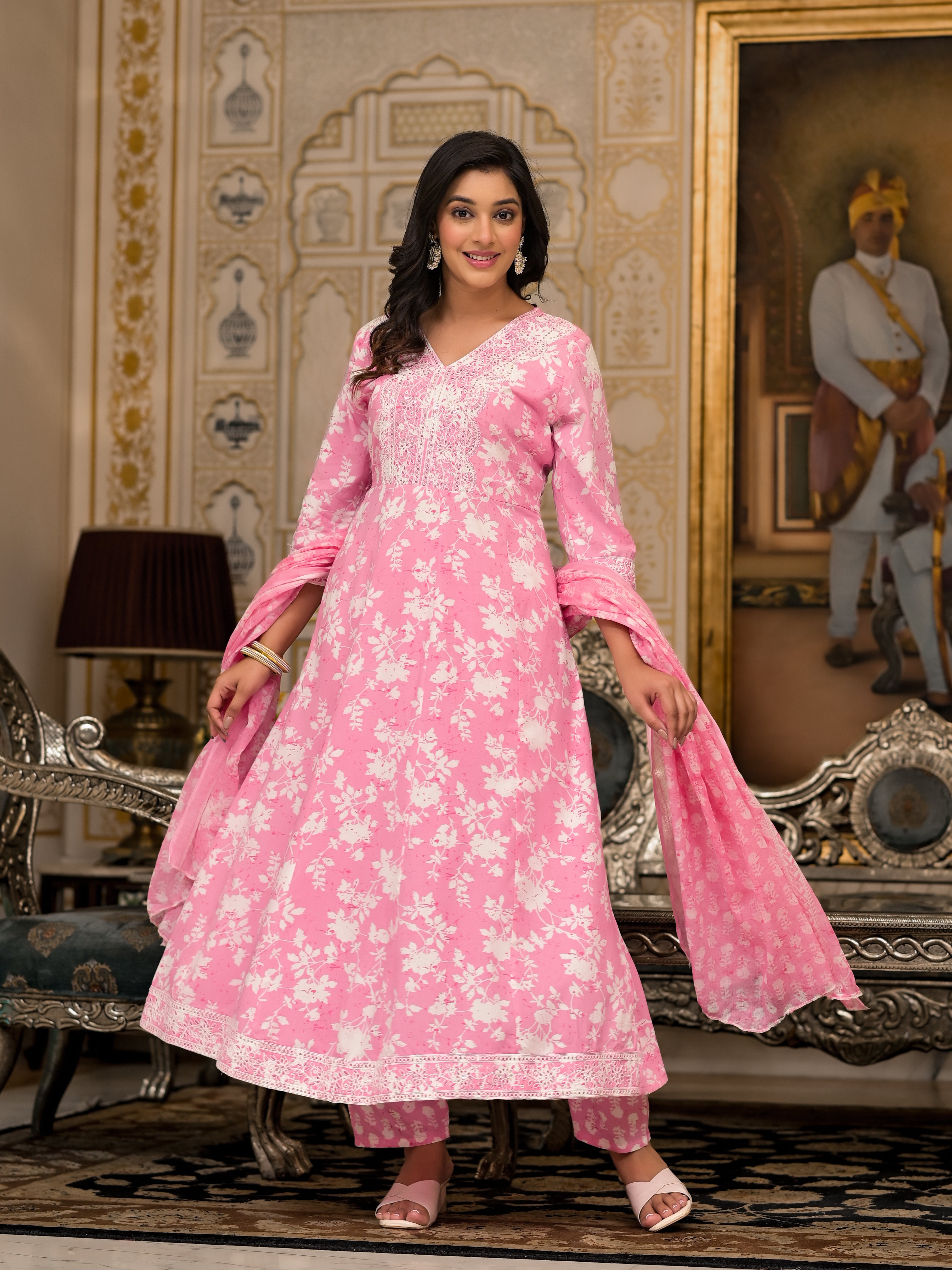 Juniper Pink Floral Printed Rayon Kurta, Pant And Dupatta Set With Thread & Sequins Work