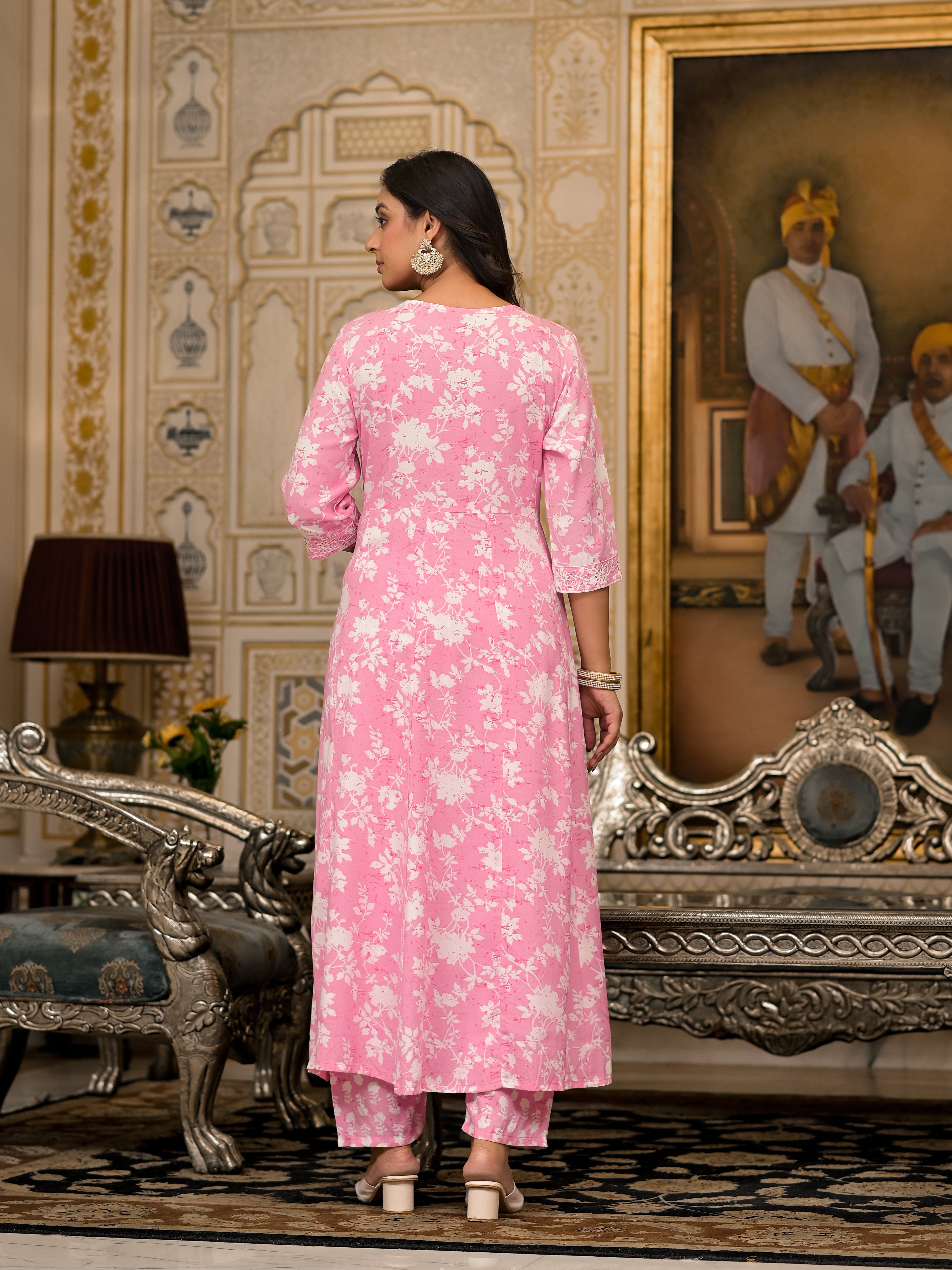 Juniper Pink Floral Printed Rayon Kurta, Pant And Dupatta Set With Thread & Sequins Work