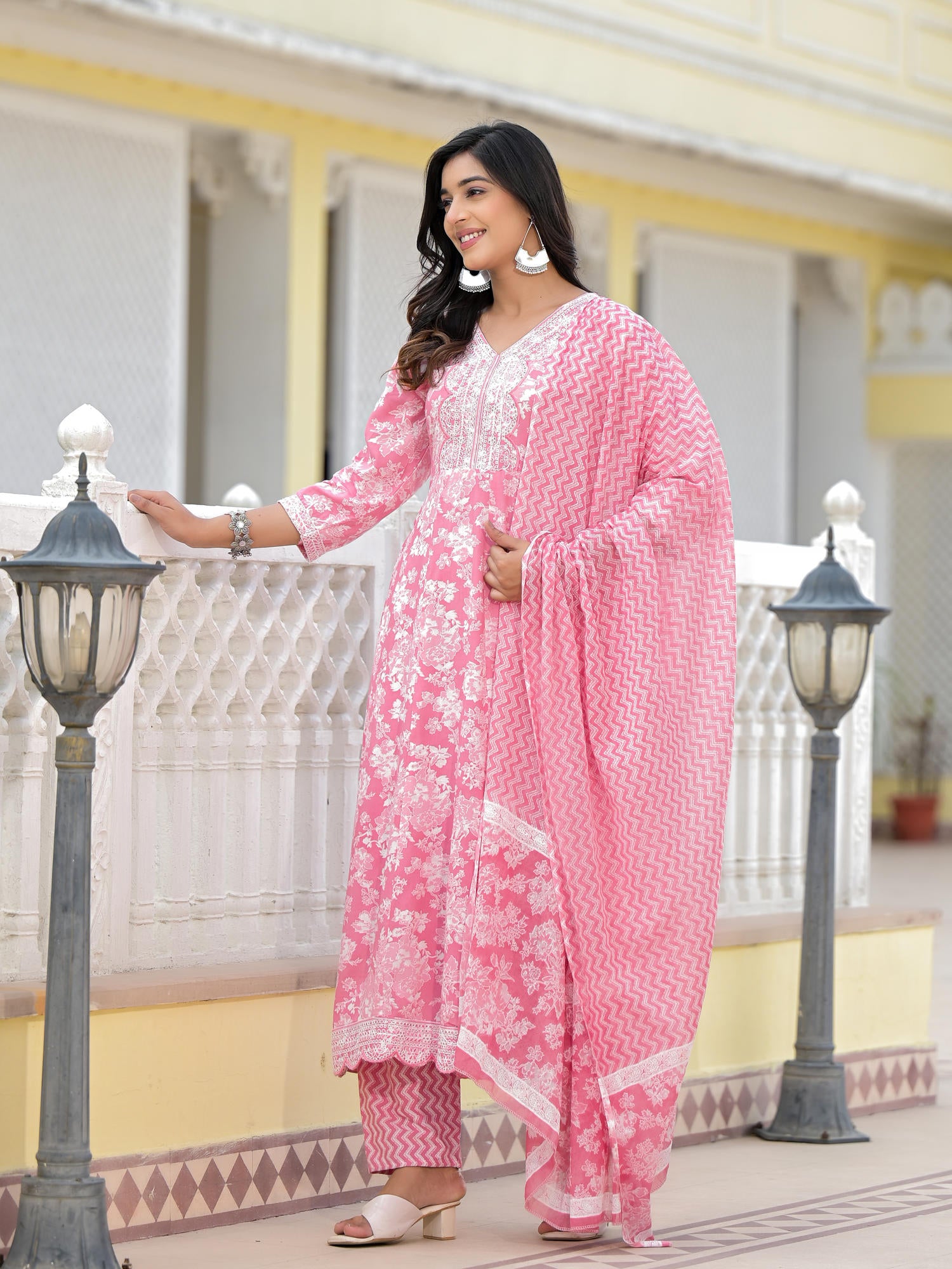 Juniper Pink Floral Printed Rayon Kurta, Pant And Dupatta Set With Thread & Sequins Work