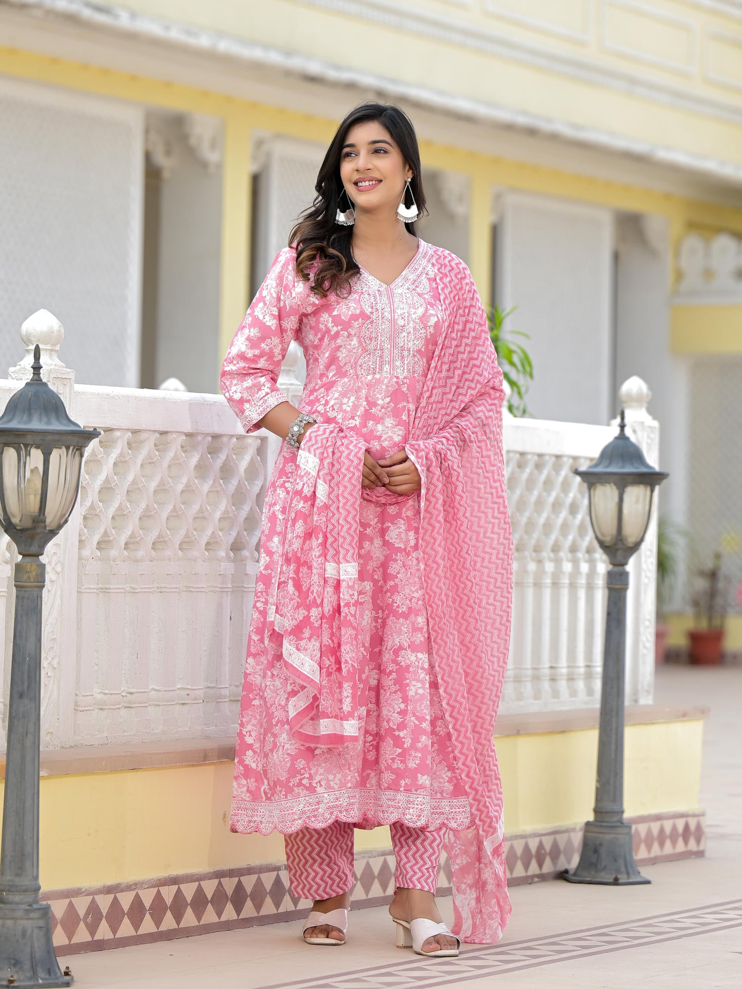 Juniper Pink Floral Printed Rayon Kurta, Pant And Dupatta Set With Thread & Sequins Work