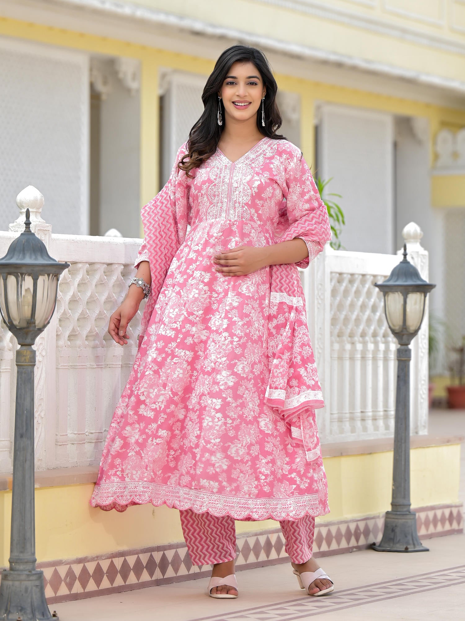 Juniper Pink Floral Printed Rayon Kurta, Pant And Dupatta Set With Thread & Sequins Work