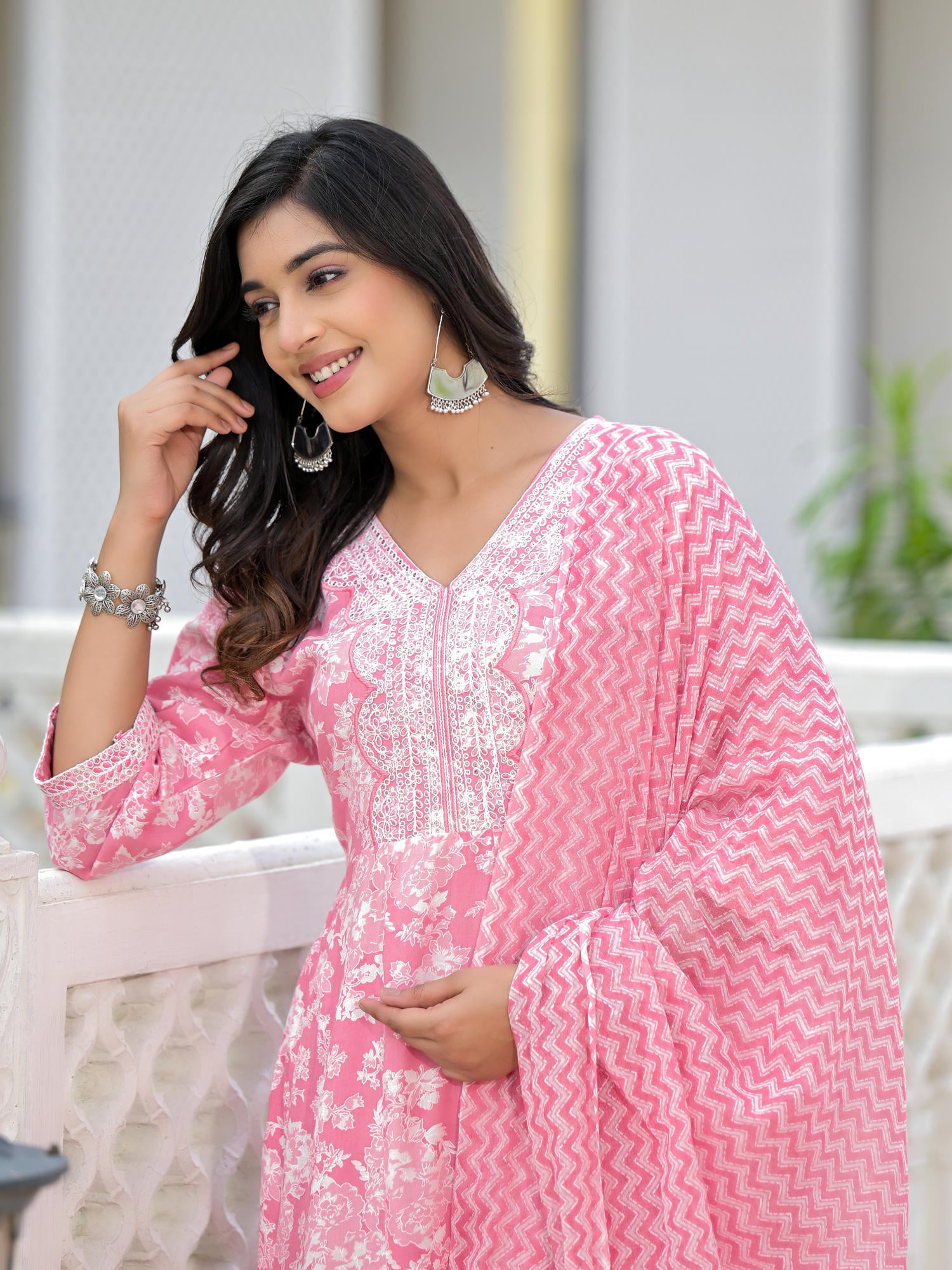 Juniper Pink Floral Printed Rayon Kurta, Pant And Dupatta Set With Thread & Sequins Work