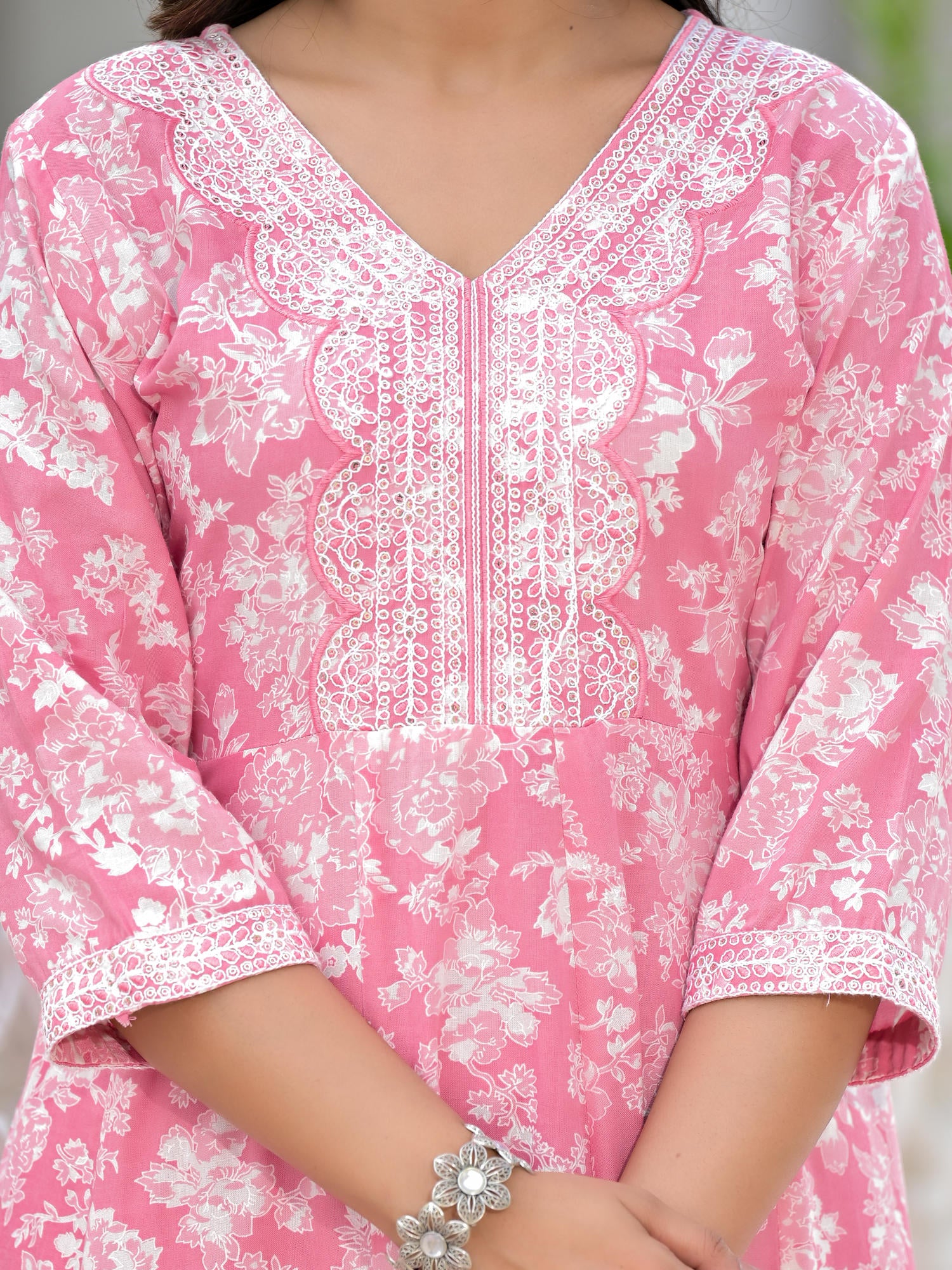 Juniper Pink Floral Printed Rayon Kurta, Pant And Dupatta Set With Thread & Sequins Work