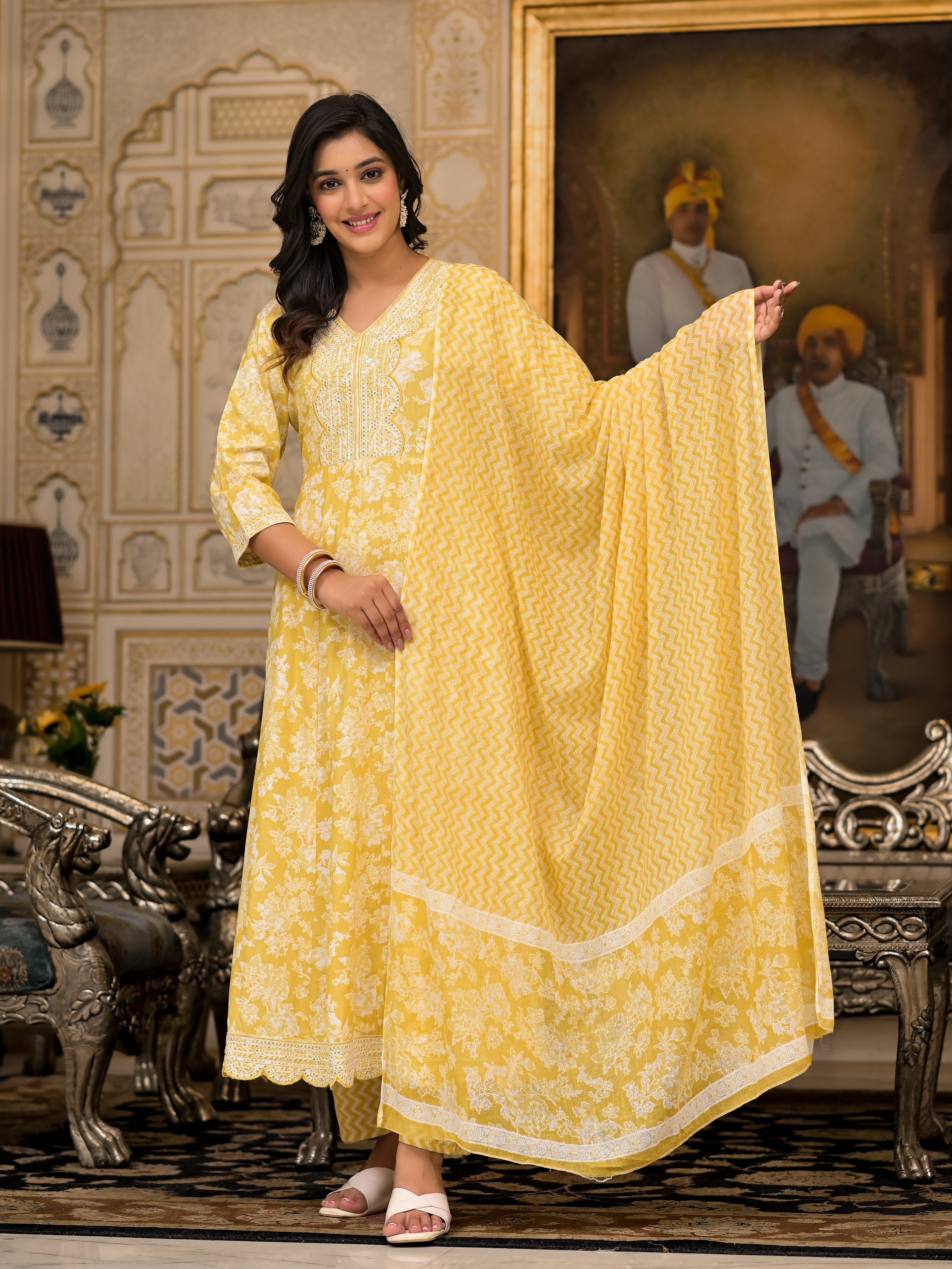 Juniper Yellow Floral Printed Rayon Kurta With Pant And Dupatta With Thread & Sequins Work