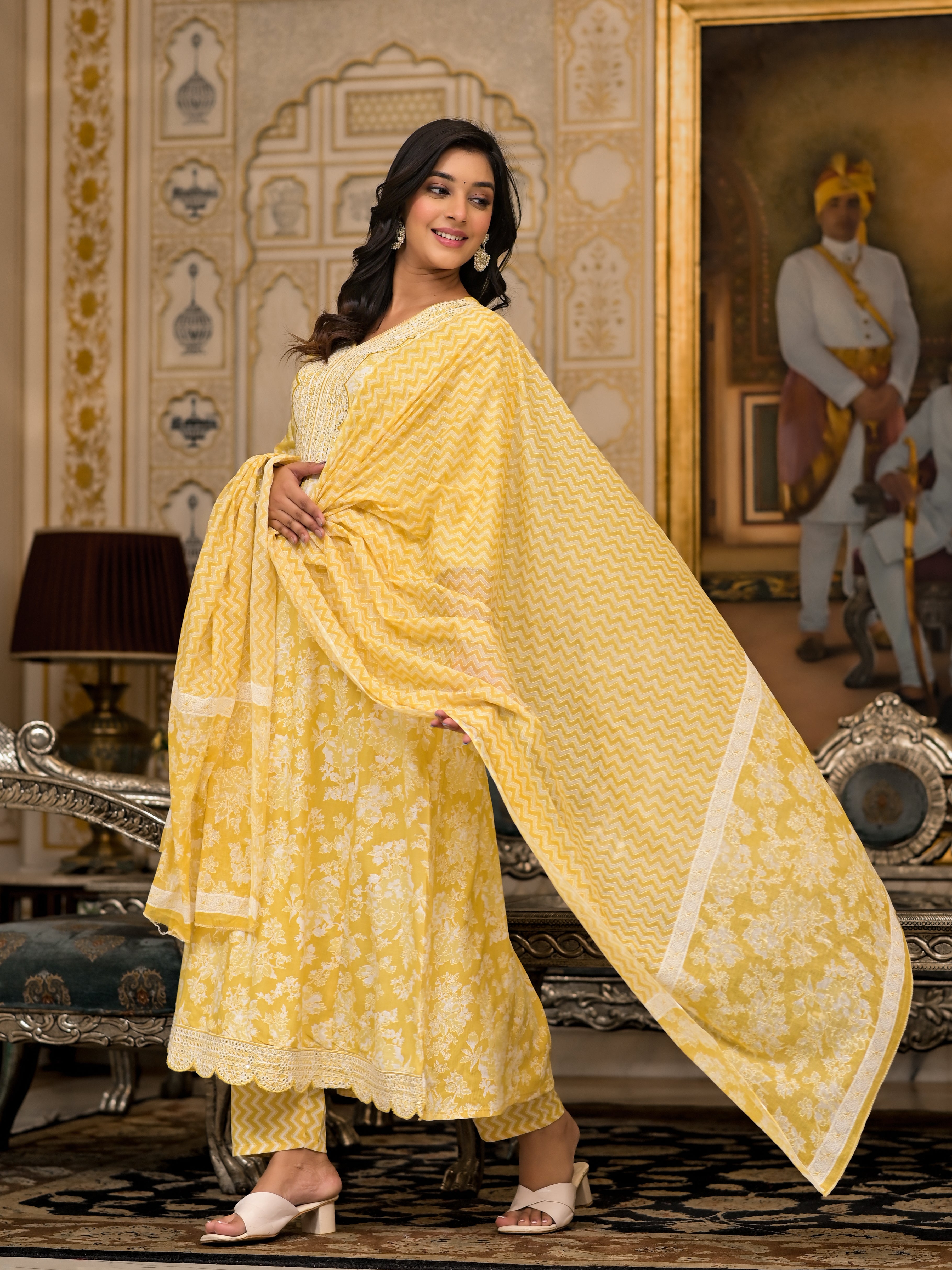 Juniper Yellow Floral Printed Rayon Kurta With Pant And Dupatta With Thread & Sequins Work