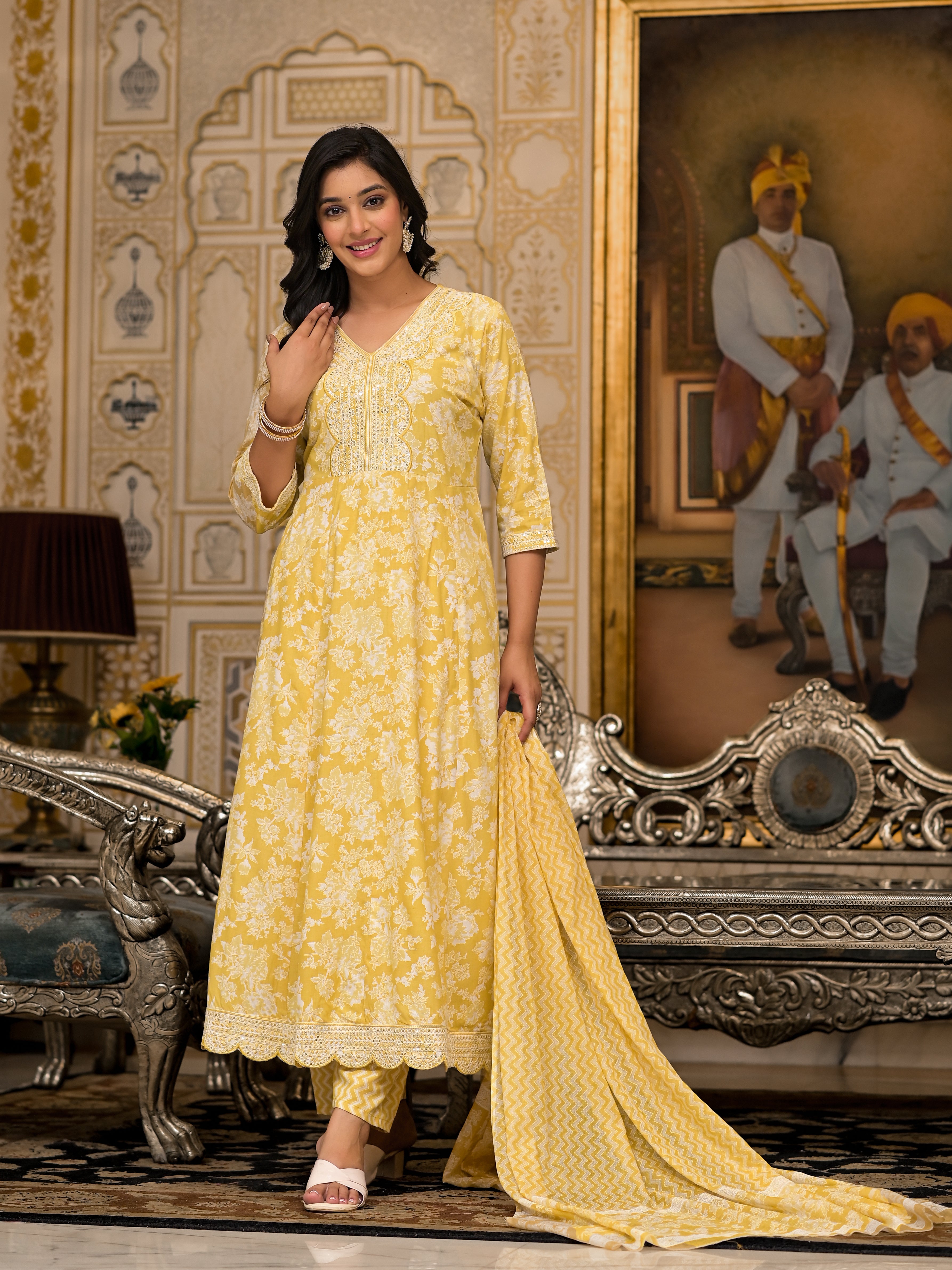 Juniper Yellow Floral Printed Rayon Kurta With Pant And Dupatta With Thread & Sequins Work