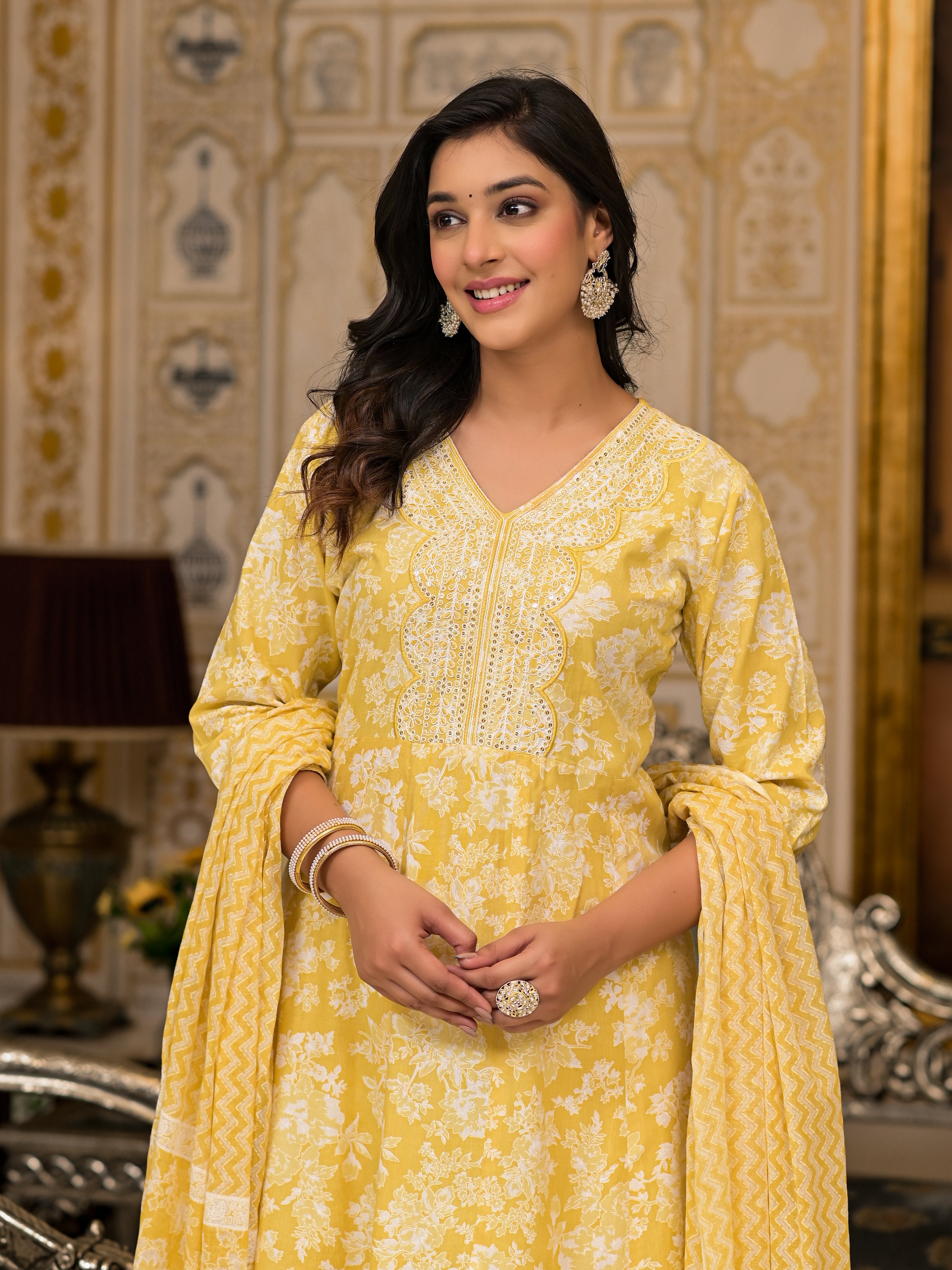 Juniper Yellow Floral Printed Rayon Kurta With Pant And Dupatta With Thread & Sequins Work