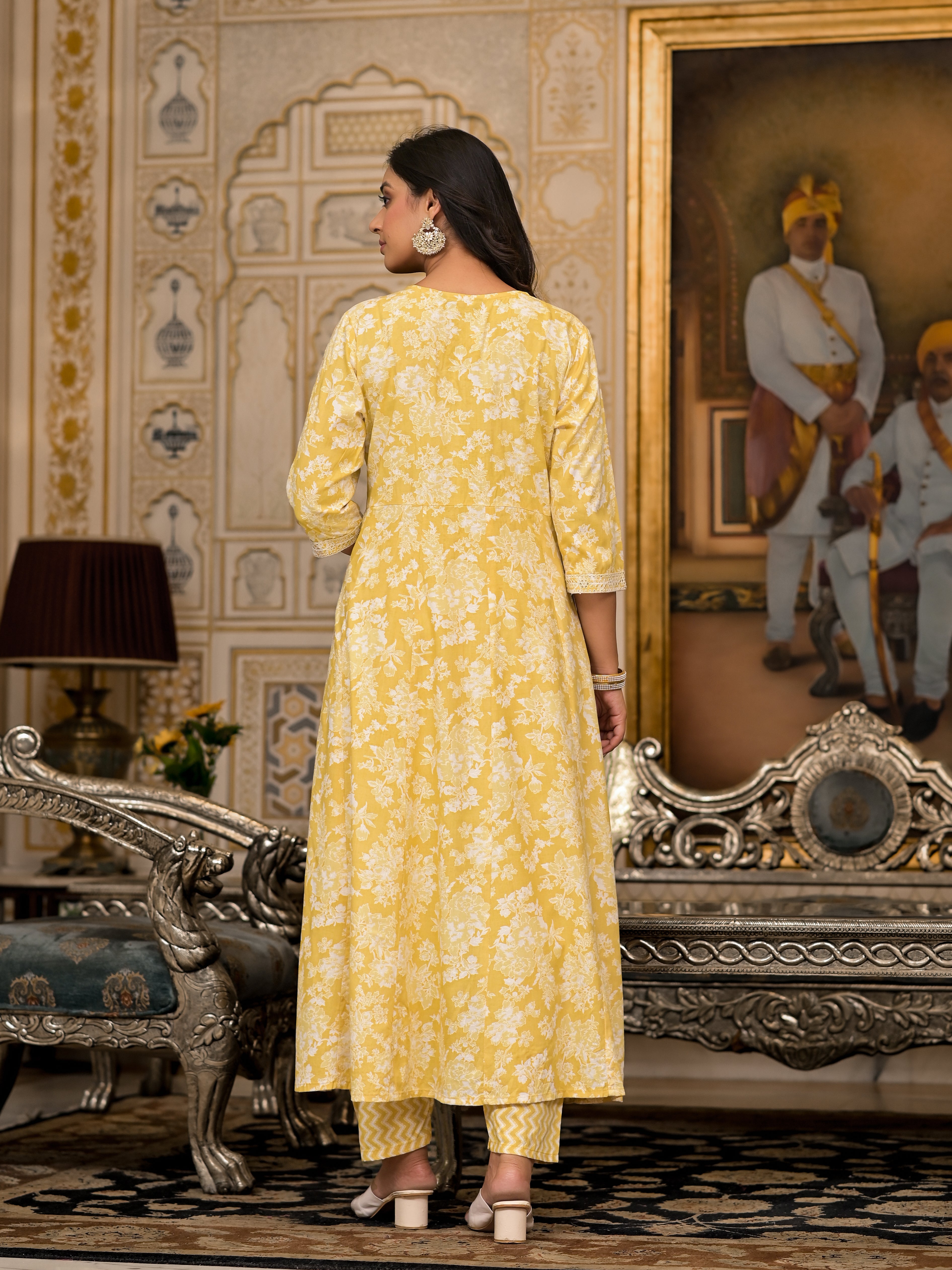 Juniper Yellow Floral Printed Rayon Kurta With Pant And Dupatta With Thread & Sequins Work