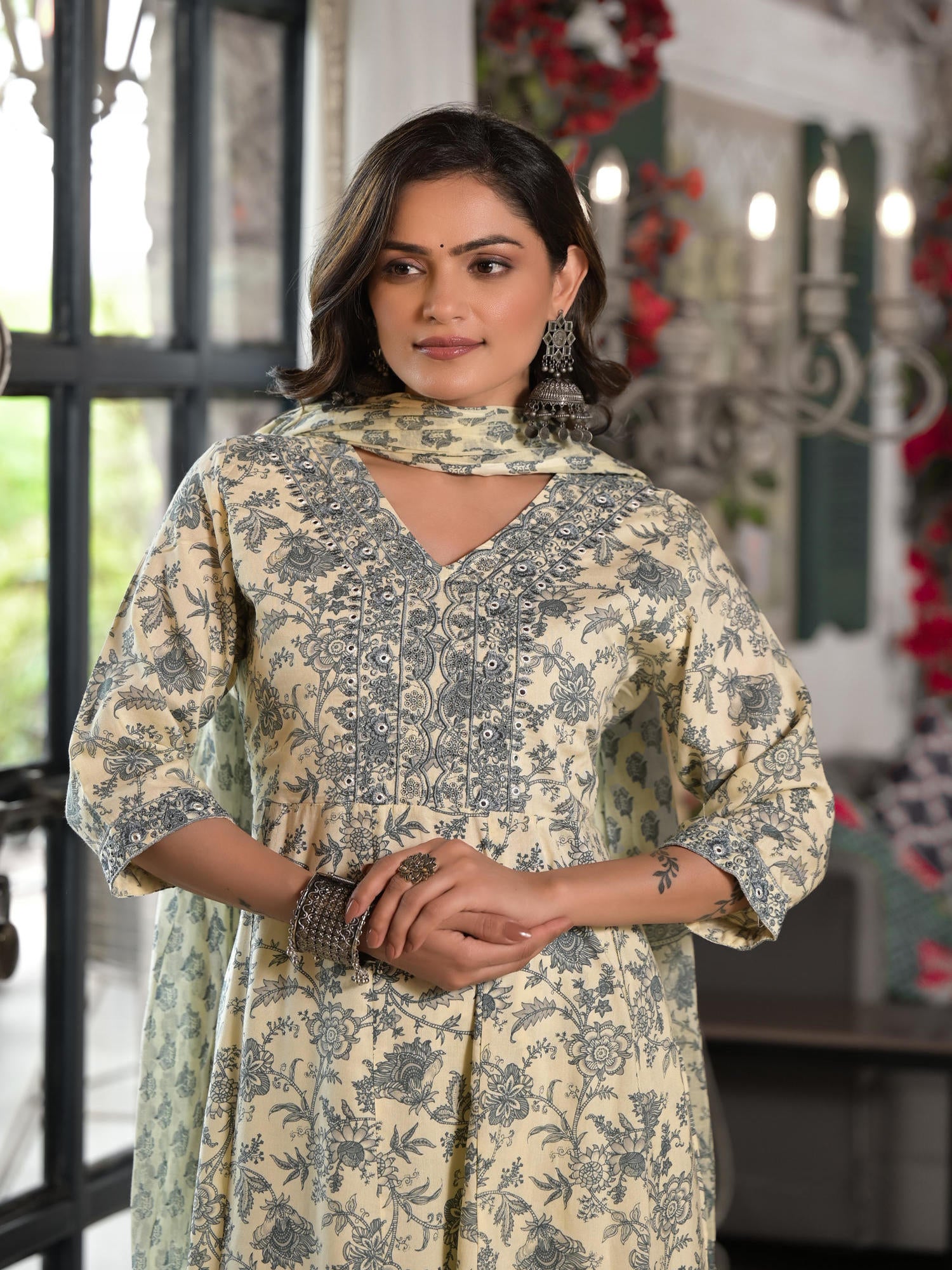 Juniper Grey Floral Printed Rayon Kurta, Pant And Dupatta Set With Mirror & Thread Work