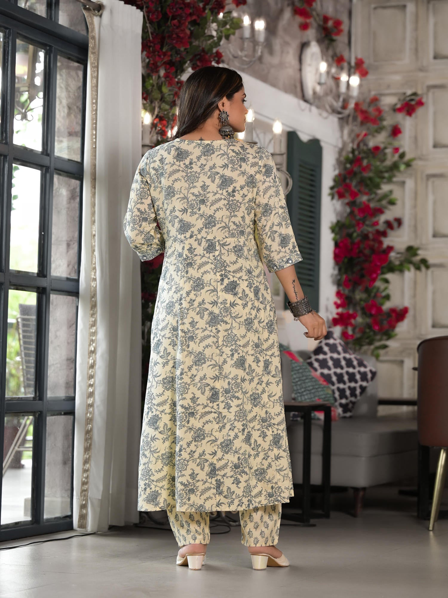 Juniper Grey Floral Printed Rayon Kurta, Pant And Dupatta Set With Mirror & Thread Work