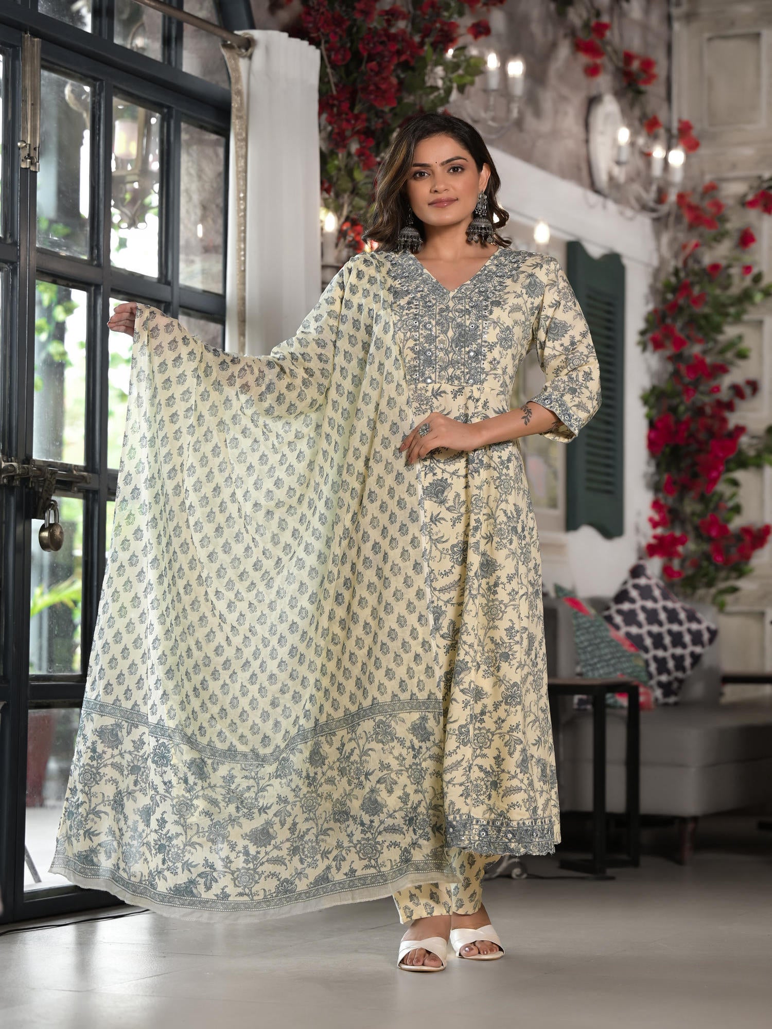 Juniper Grey Floral Printed Rayon Kurta, Pant And Dupatta Set With Mirror & Thread Work