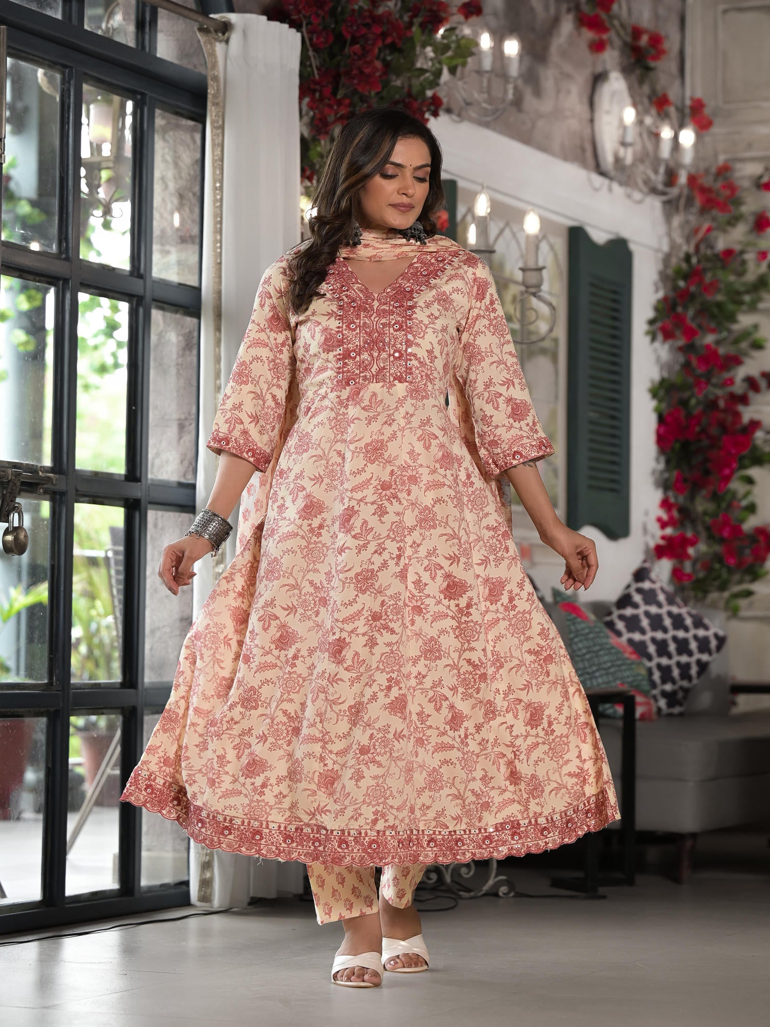 Juniper Pink Floral Printed Rayon Kurta, Pant And Dupatta Set With Mirror & Thread Work