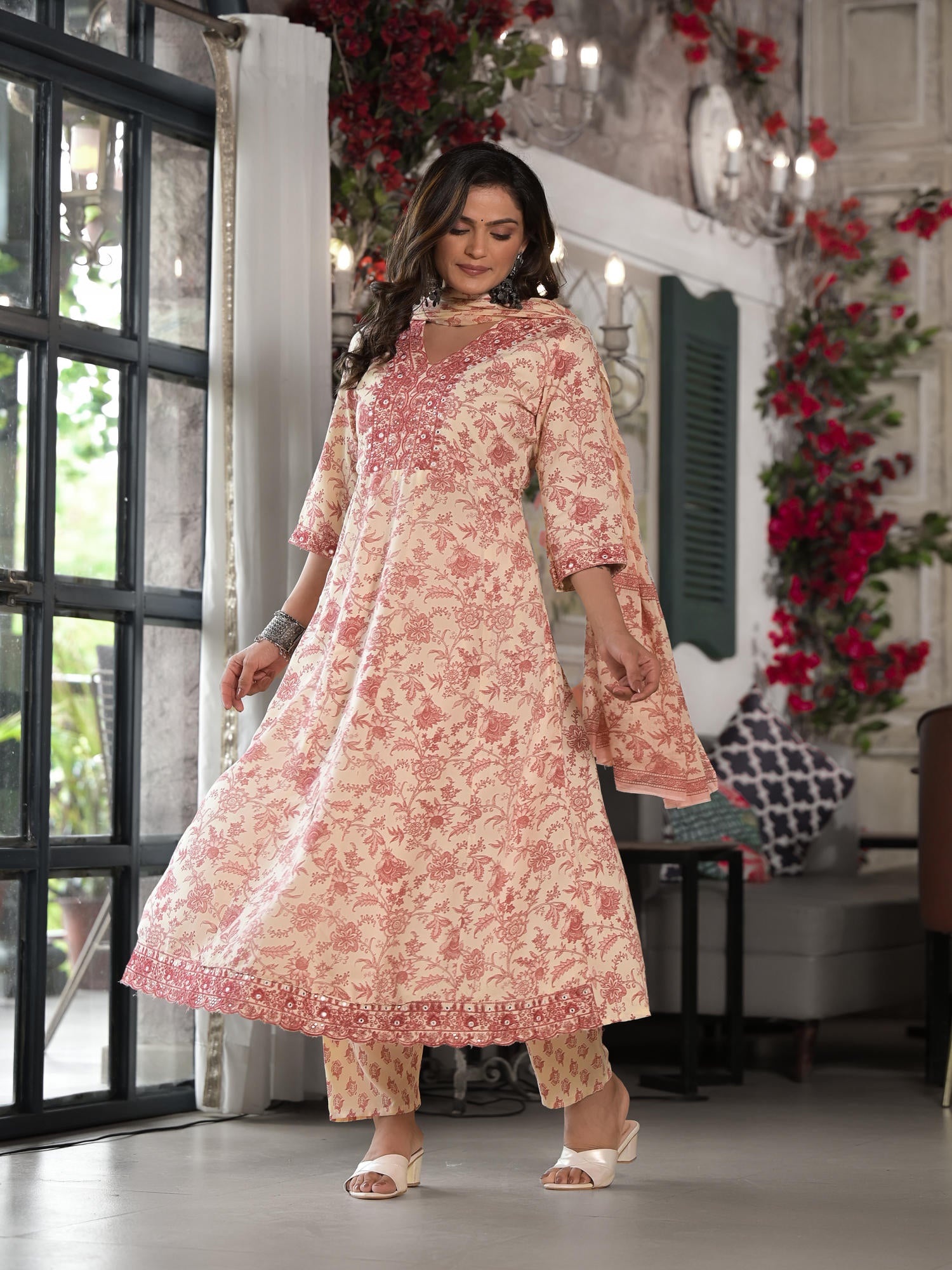 Juniper Pink Floral Printed Rayon Kurta, Pant And Dupatta Set With Mirror & Thread Work