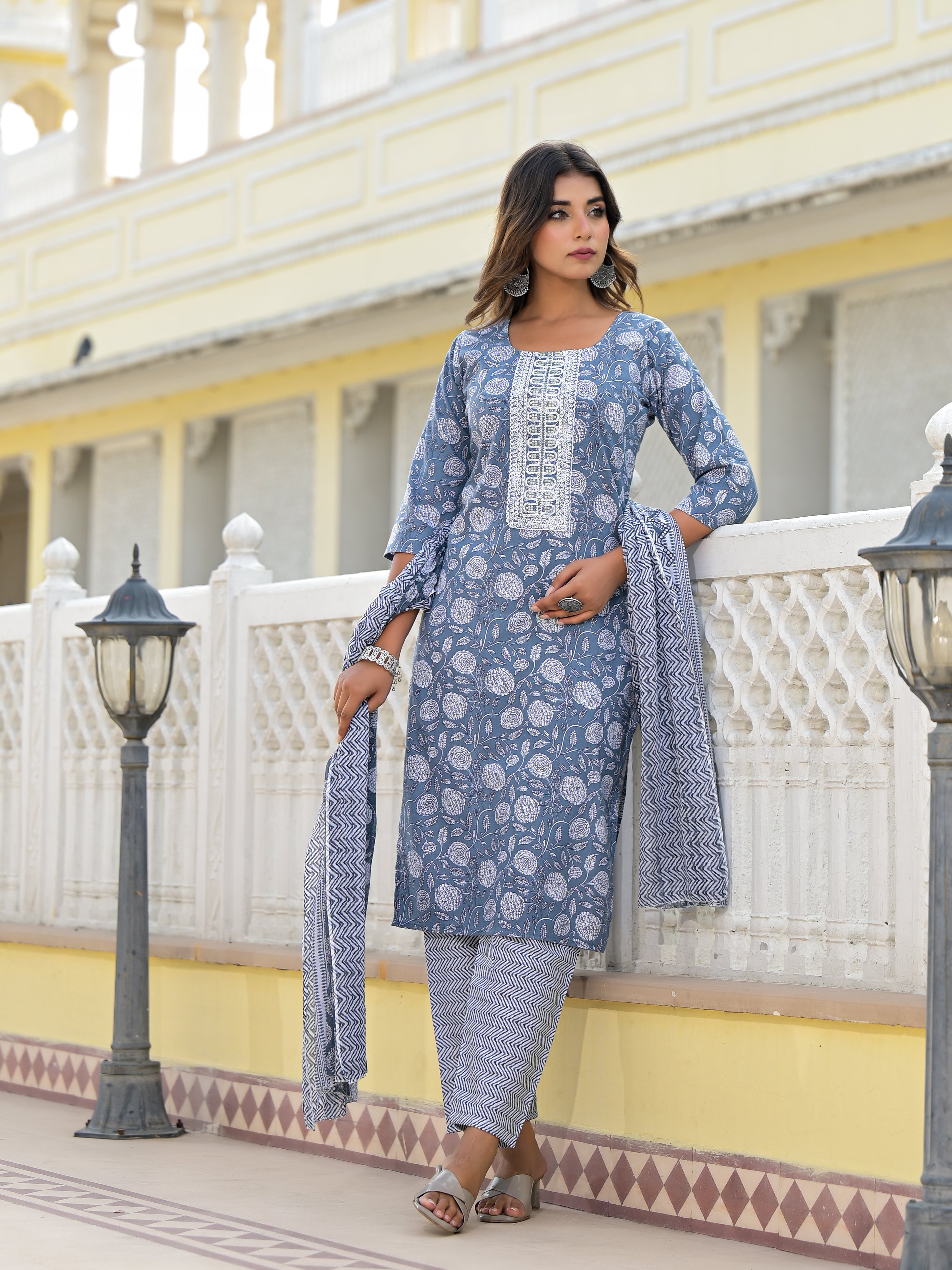 Juniper Grey Ethnic Motif Printed Cotton Kurta, Pant And Dupatta Set With Thread & Zari Work