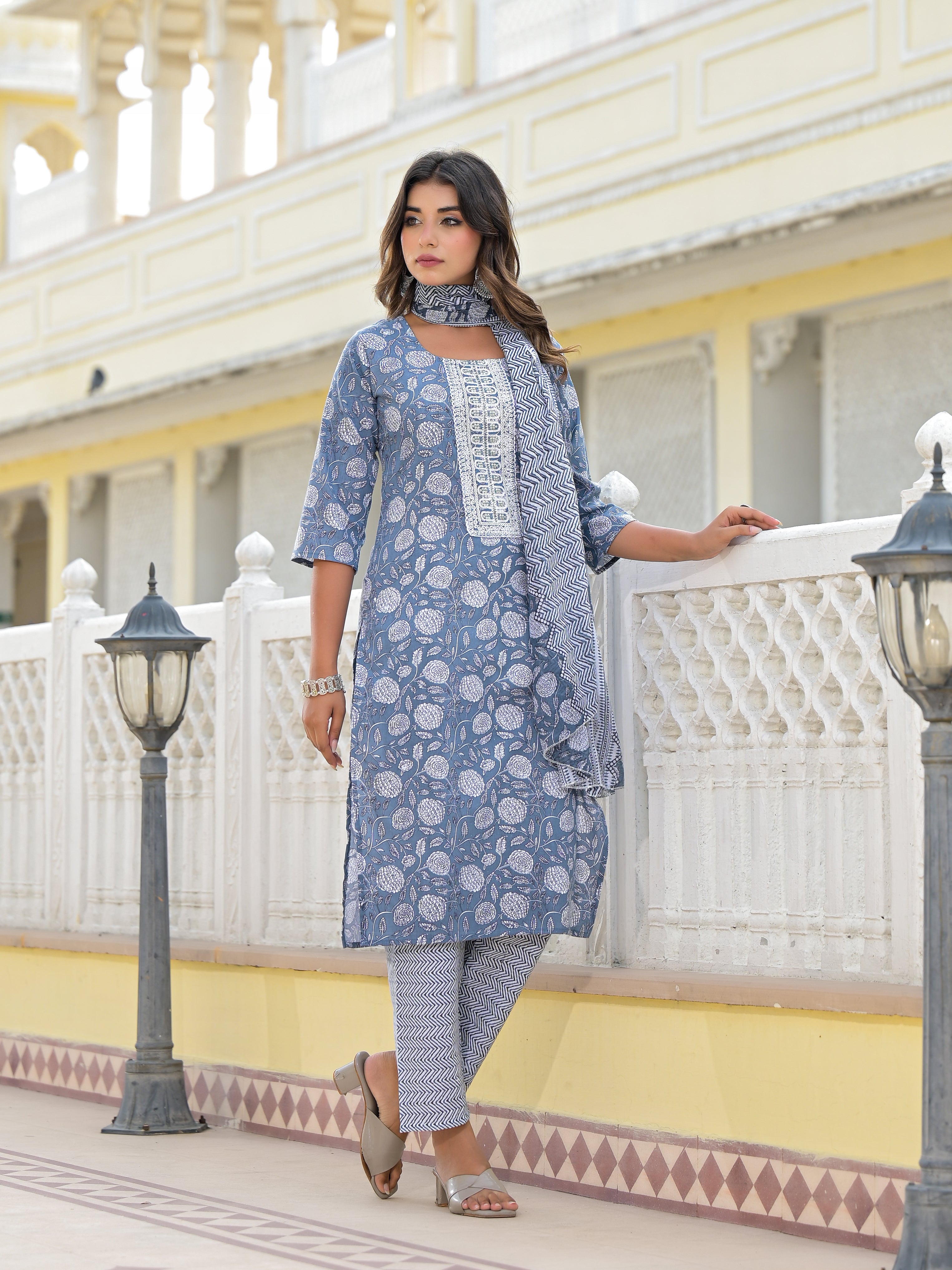 Juniper Grey Ethnic Motif Printed Cotton Kurta, Pant And Dupatta Set With Thread & Zari Work