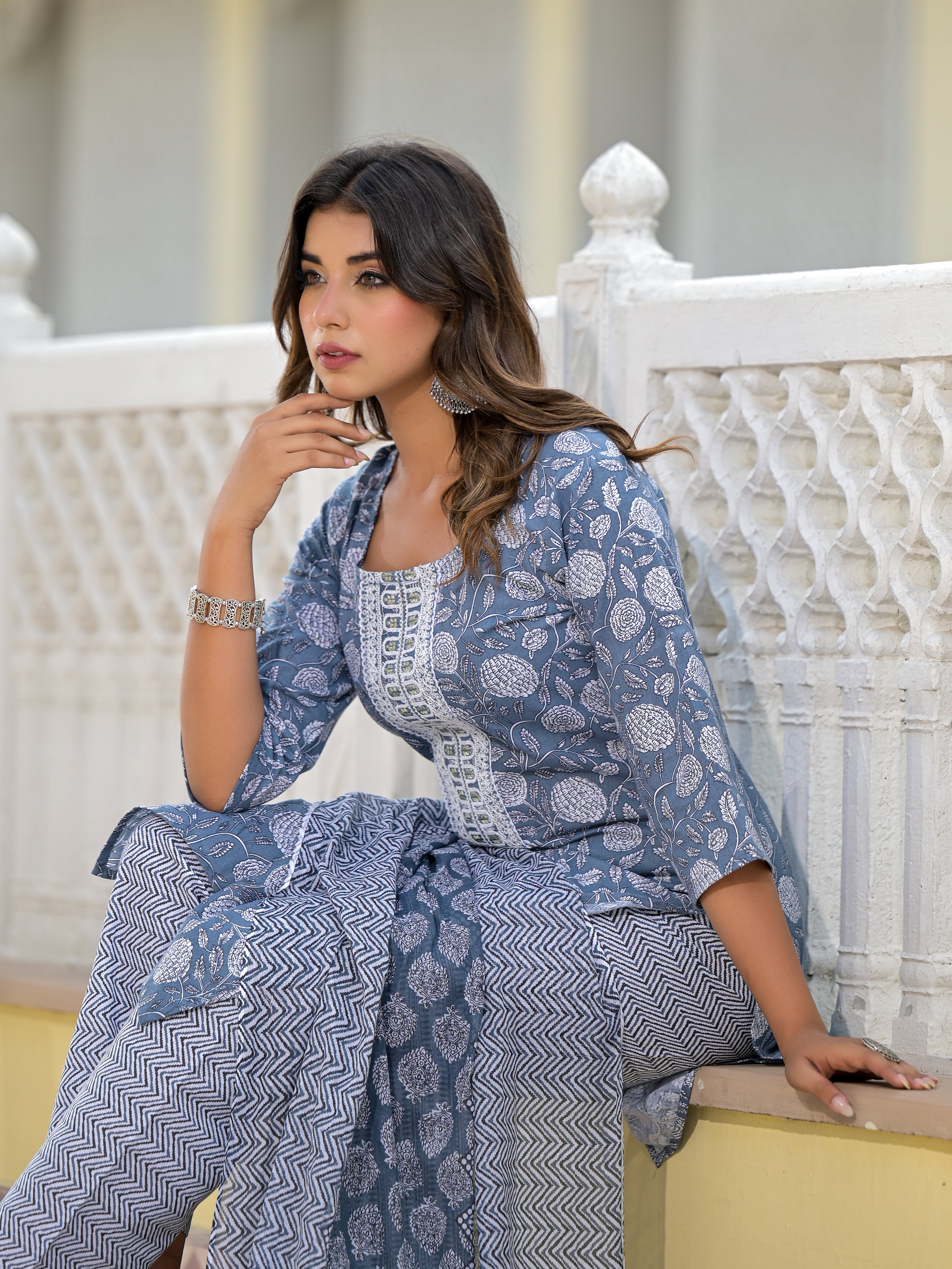 Juniper Grey Ethnic Motif Printed Cotton Kurta, Pant And Dupatta Set With Thread & Zari Work