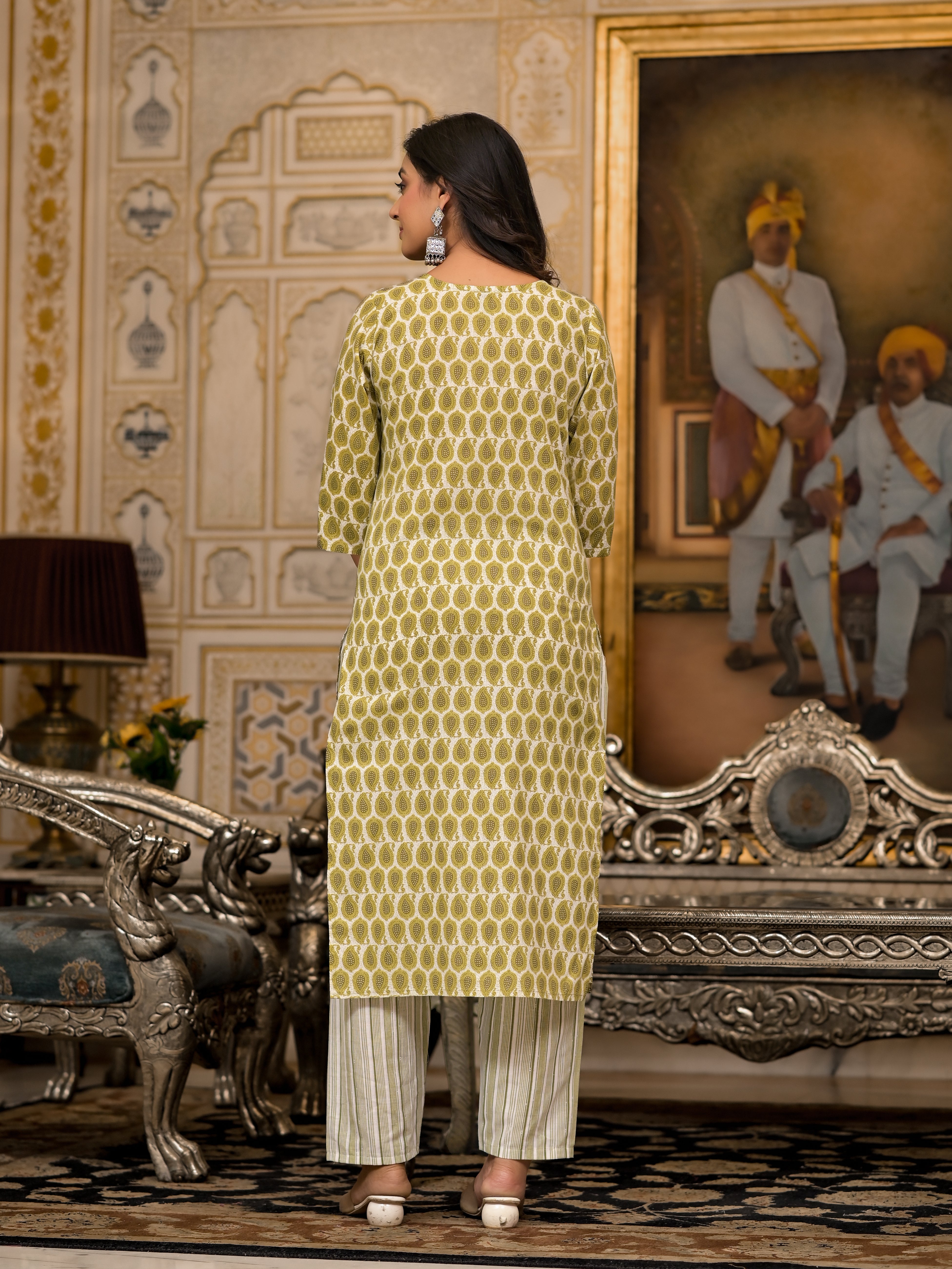 Juniper Green Ethnic Motif Printed Cotton Kurta, Pant And Dupatta Set With Thread & Mirror Work