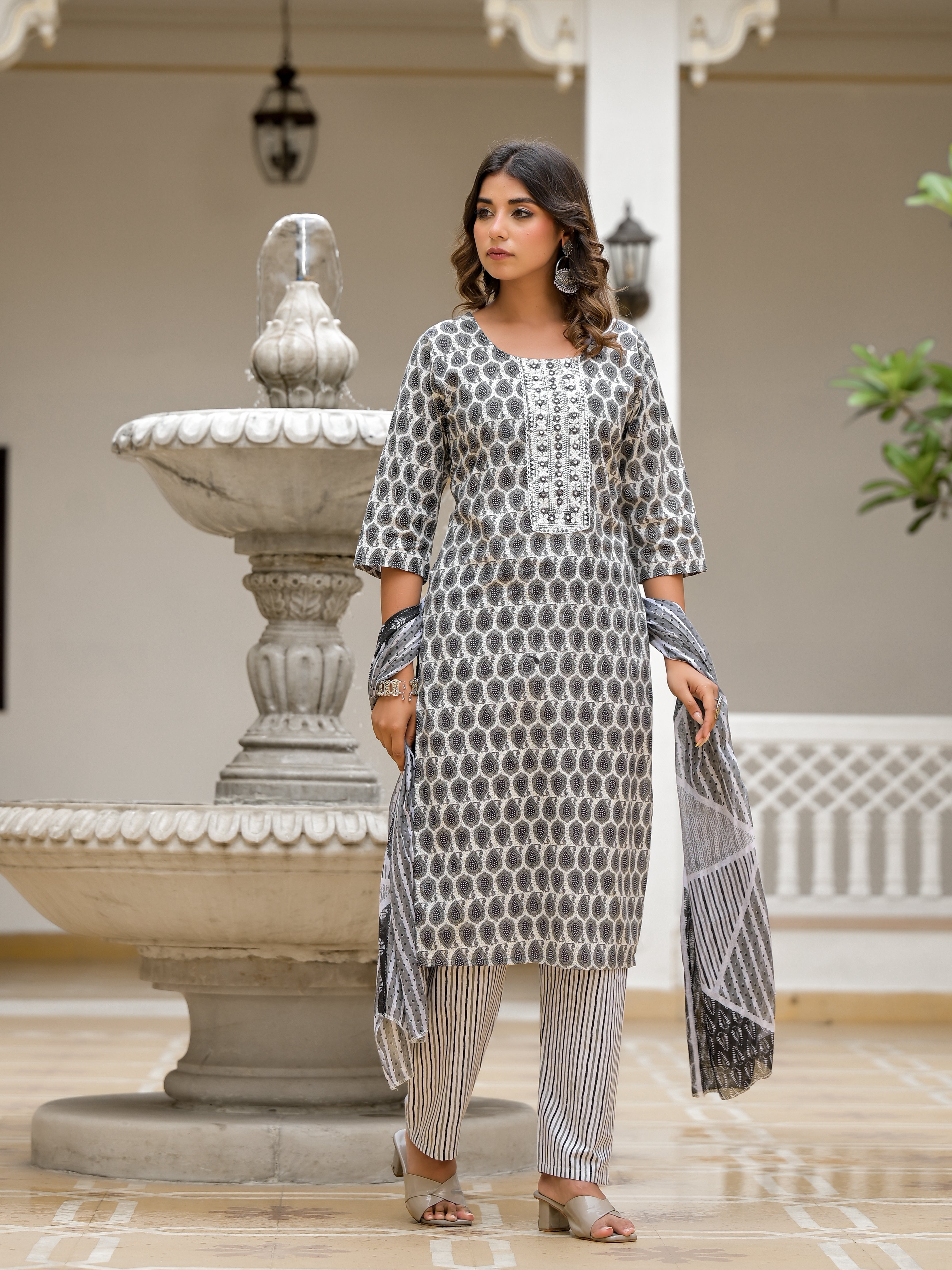 Juniper Grey Ethnic Motif Printed Cotton Kurta, Pant And Dupatta Set With Thread & Mirror Work